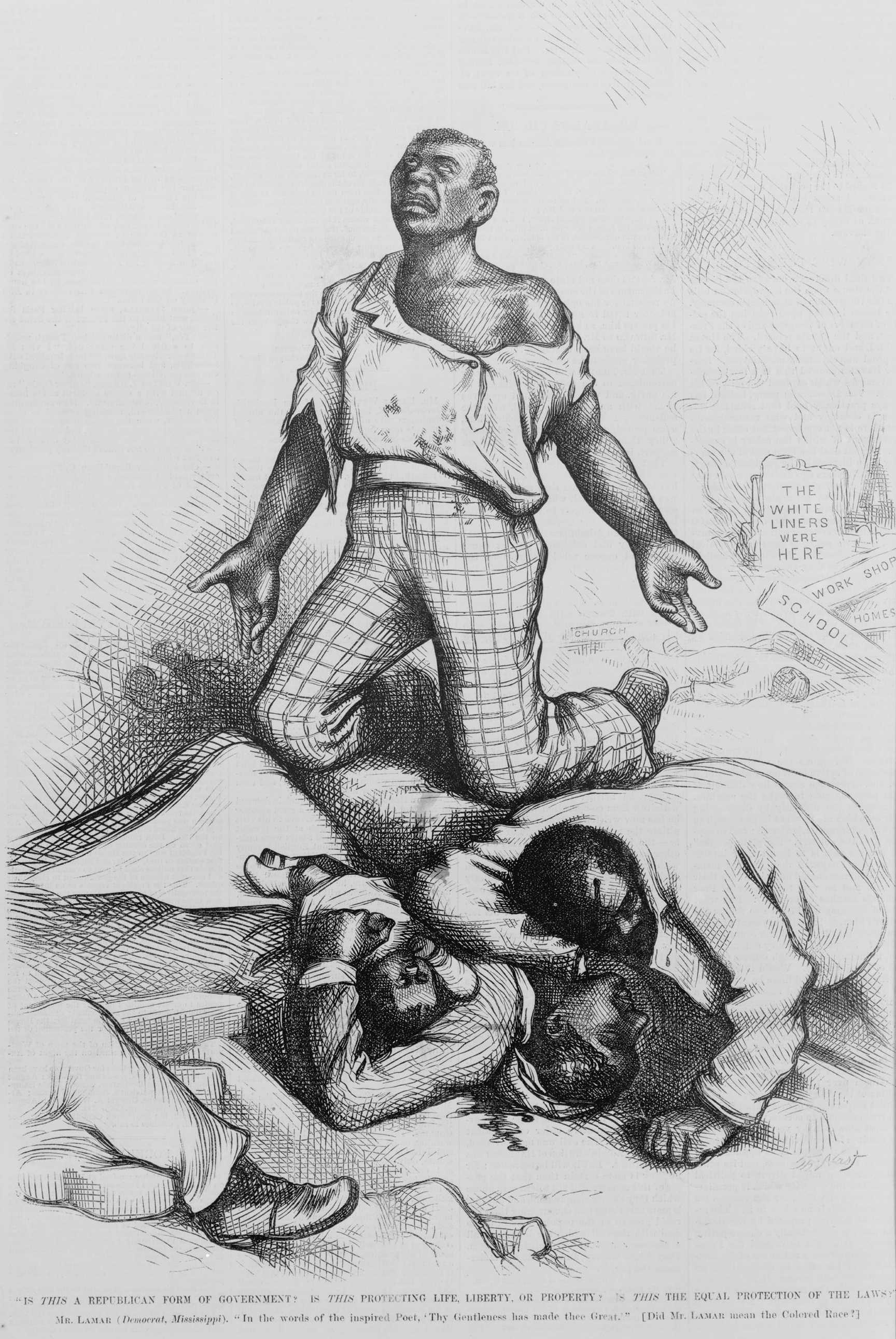 A black man kneels behind a few dead bodies sorrowfully looking up at the sky.