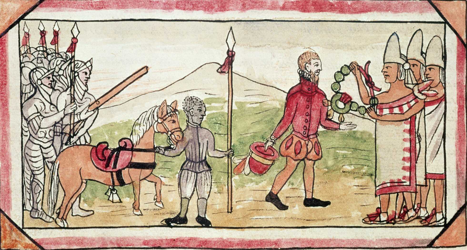 A colored sketch of Hernando Cortés walking towards Native people. An armored army and a slave with a horse stands behind him.