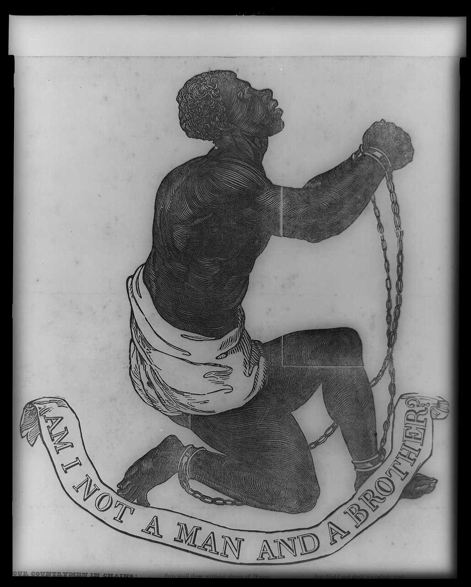 Black and white image of illustration of African American slave in chains