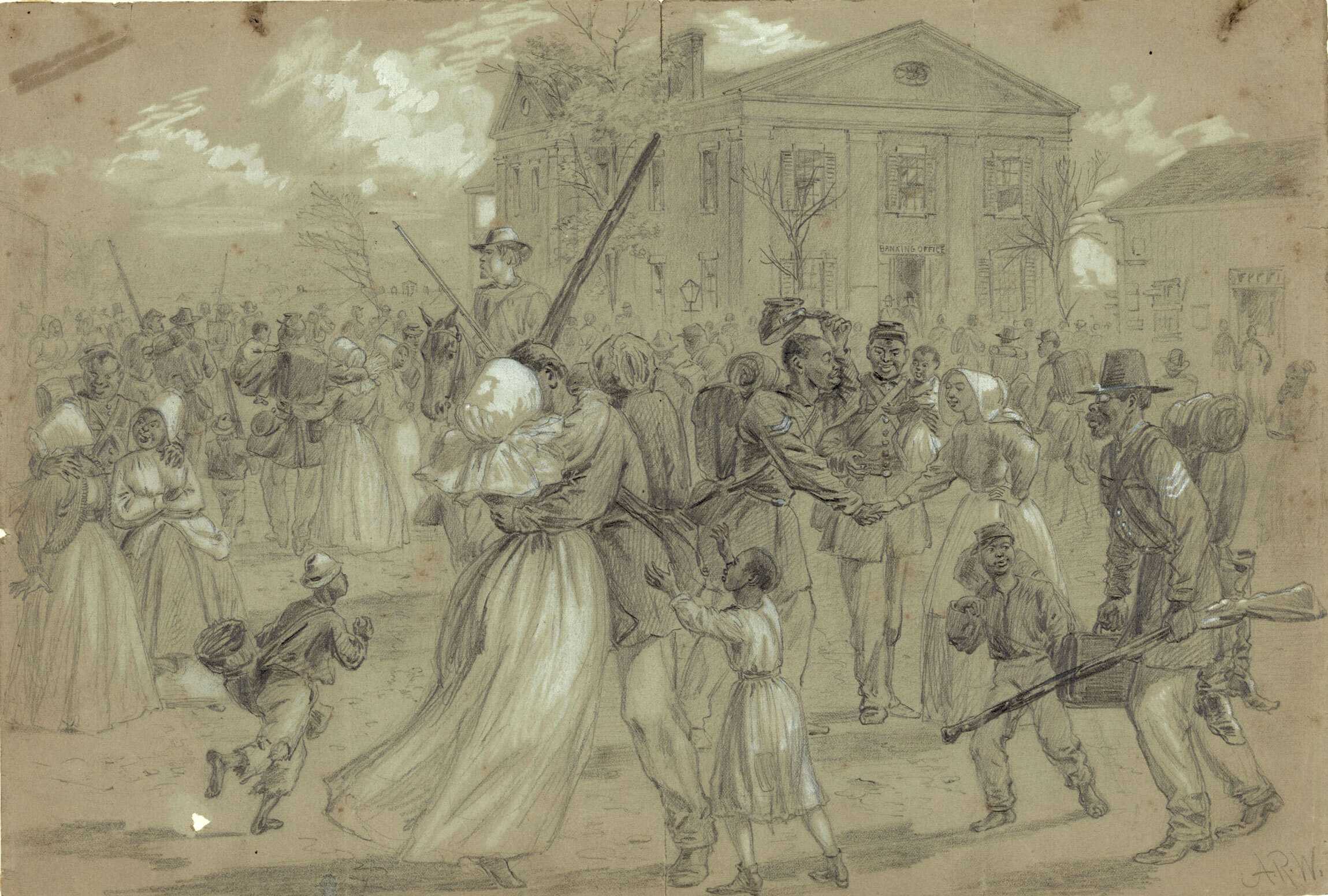 A drawing of African American soldiers celebrating. One soldier is kissing a woman.