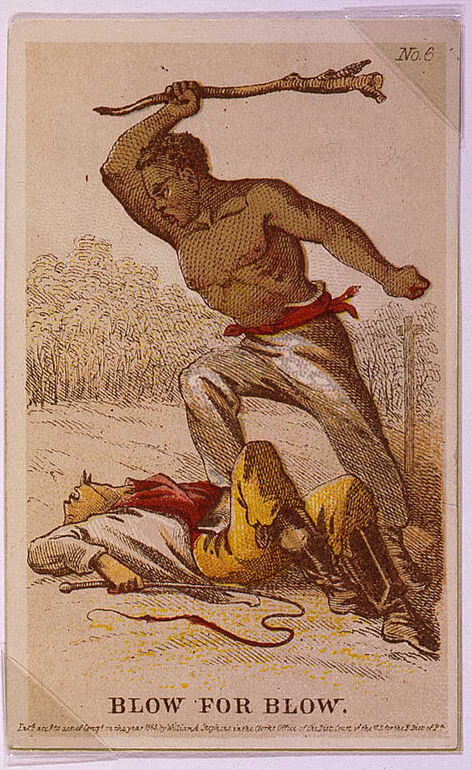 Cartoon showing African American slave posed to beat white slave master.
