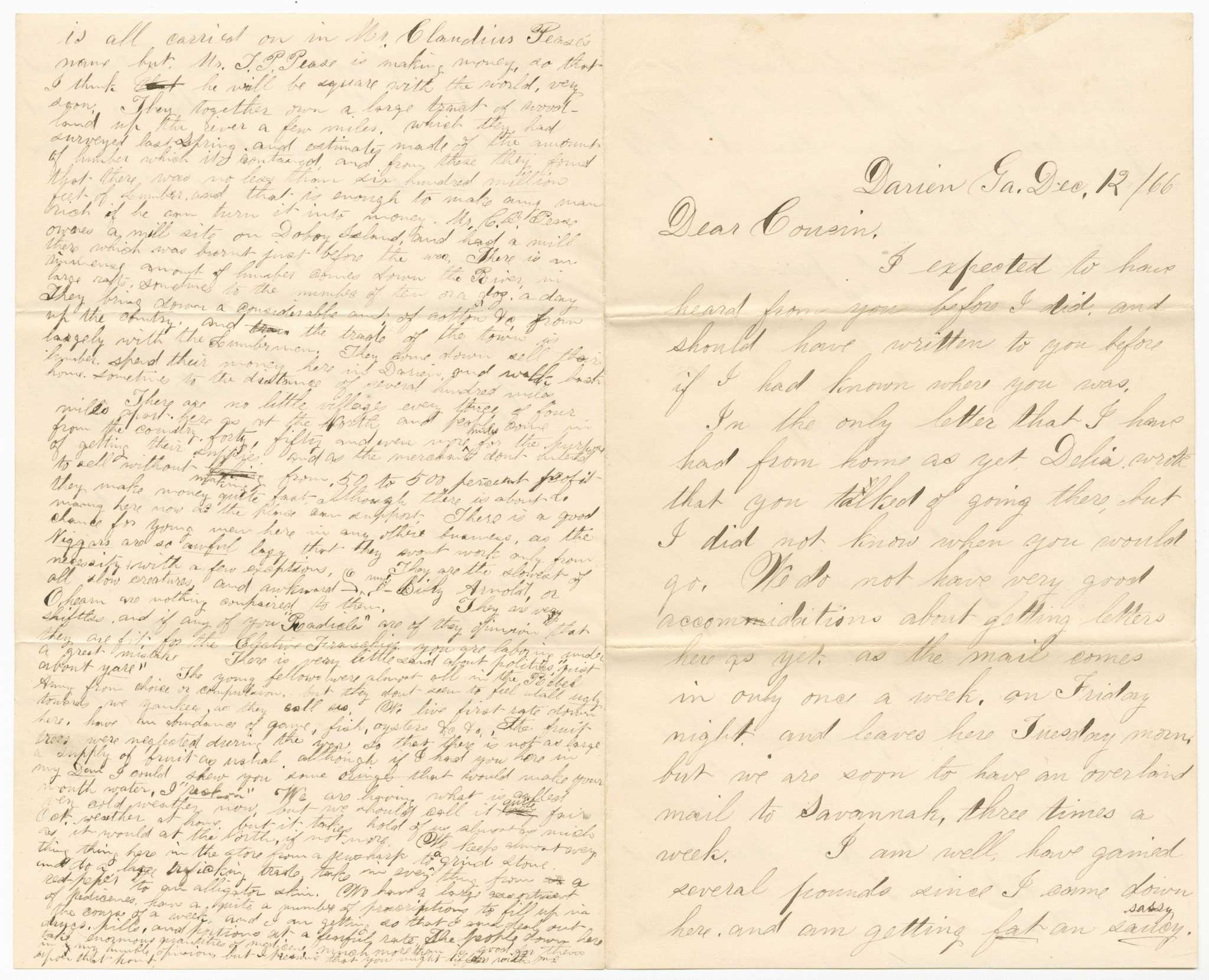 A handwritten letter concerning the actions of the 54th Massachusetts during the Civil War, written on both sides of a single sheet of paper, folded to form four pages. This letter is addressed to "cousin" but remains unsigned. The writer gives a brief description of his circumstances after his recent arrival in Darien, GA with his regiment, claiming he's gotten "fat and sassy" since joining the army. He discusses the actions of the 54th Massachusetts, U.S. Colored troops in the town, describing a scene of general destruction and absent town dwellers. The first three pages are written in a steady, consistent hand; the last page is written by the same author but in a very cramped, tiny script. Near the top of the center fold separating the pages is an embossed, slightly raised symbol of an American shield.