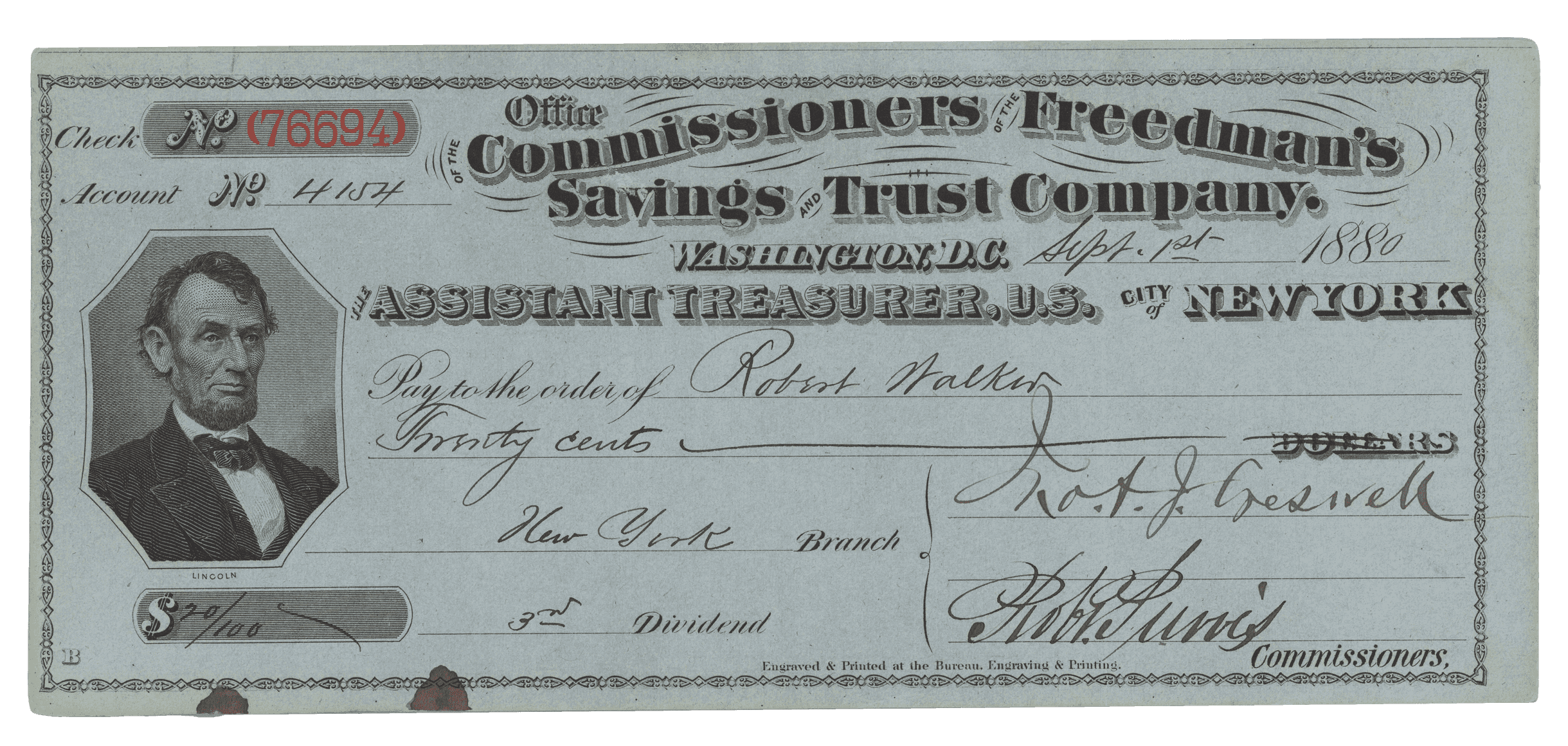 A blue dividend check by Robert Walker. Dated Sept 1st, 1880 for 20 cents.