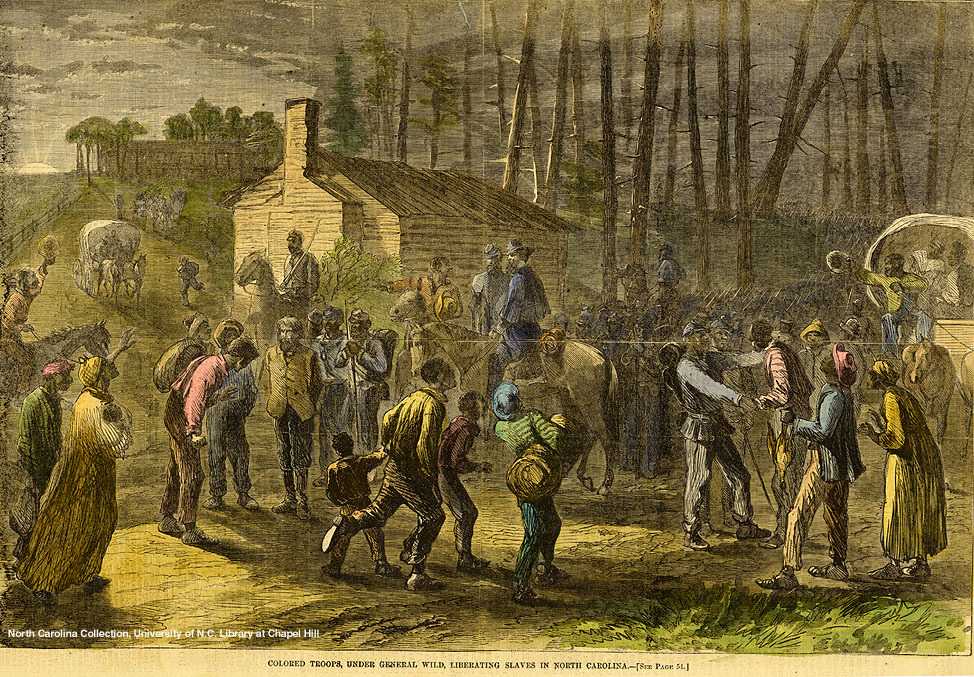 Illustration depicts the liberation of enslaved people in Camden County, North Carolina