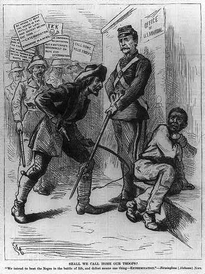 A political drawing of a soldier protecting an African American from an angry mob of KKK members.