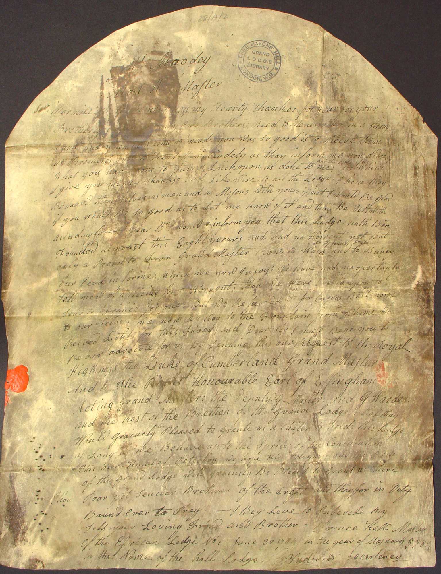 Image of Petition of Prince Hall to W. Moodey, Brotherly Love Lodge