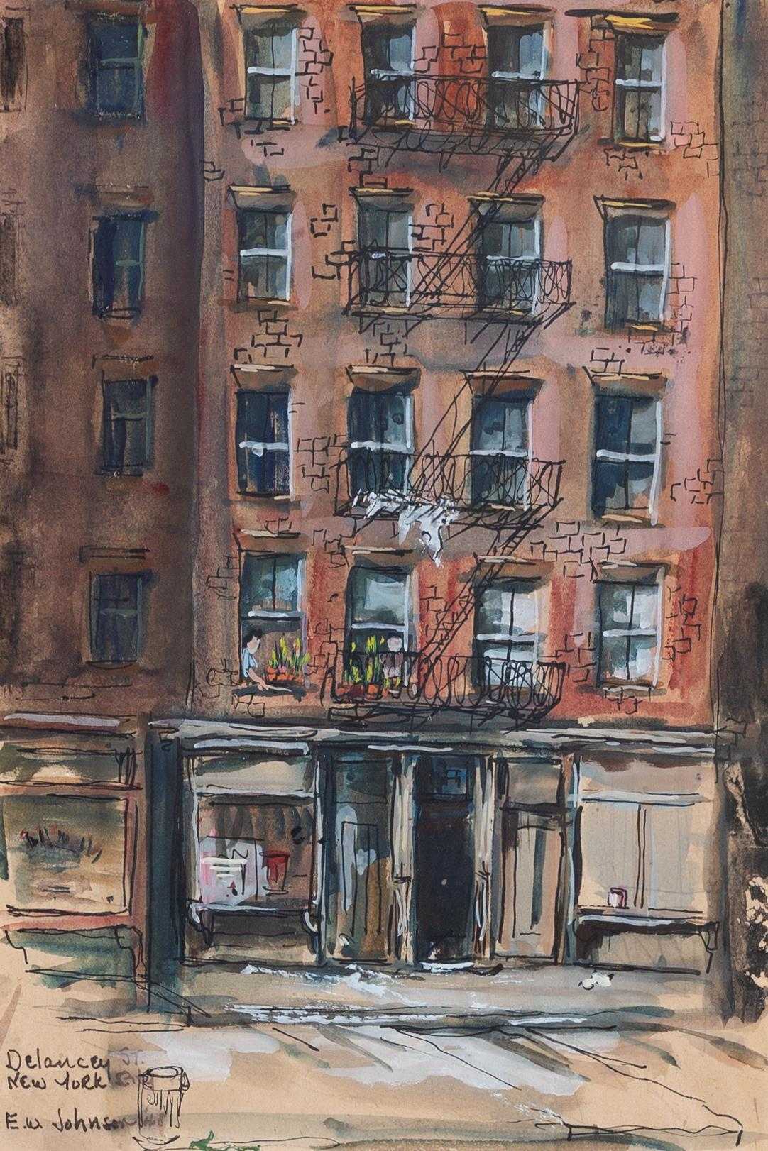 Painting of an unidentified building on Delancey Street in New York City.