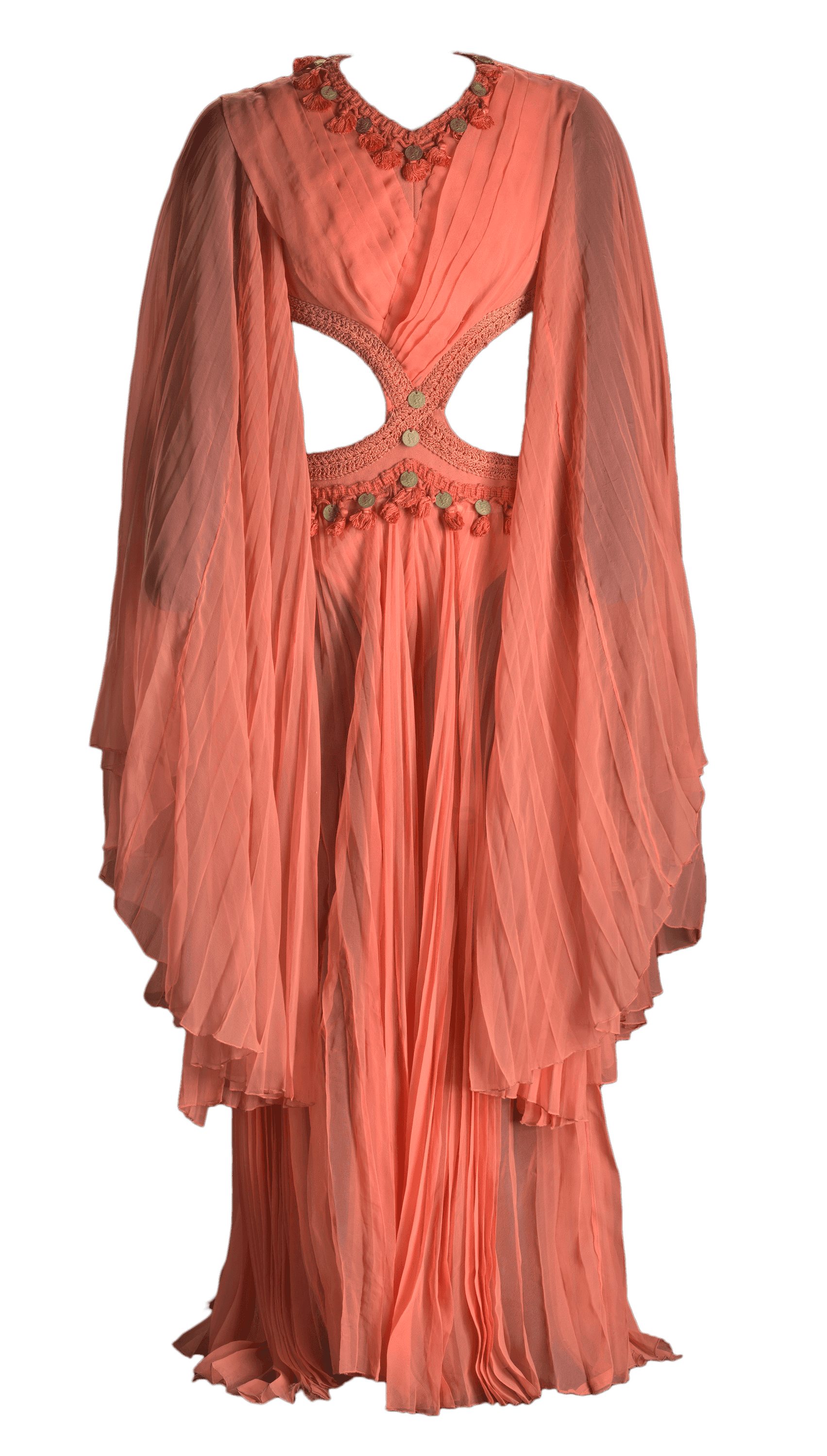 A sheer coral costume jumpsuit with the sides of the midriff cut out for a Quadling in The Wiz.
