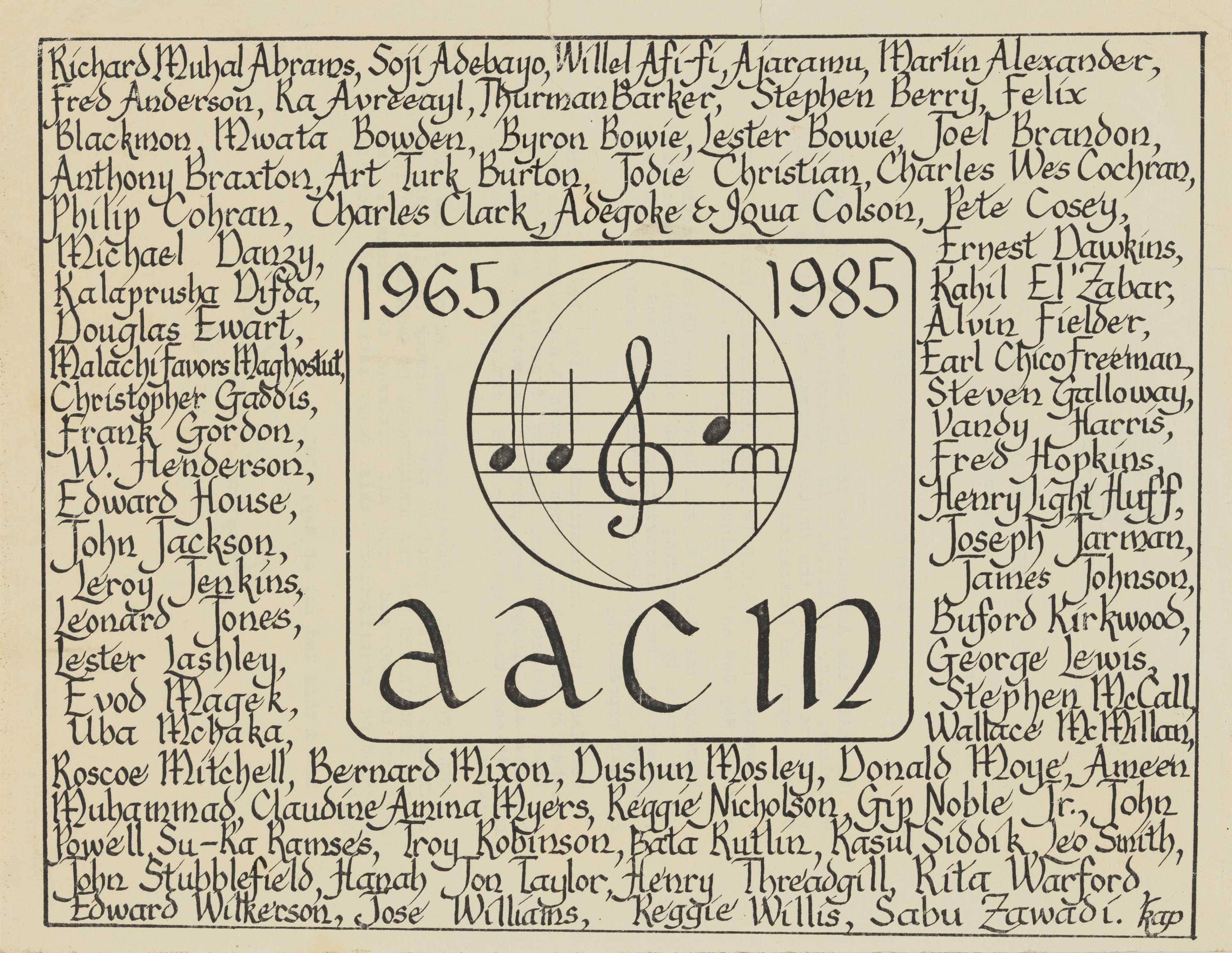 In a landscape view, each name is handwritten. At the center of the page, music notes and title 'aacm' is outlined separately.
