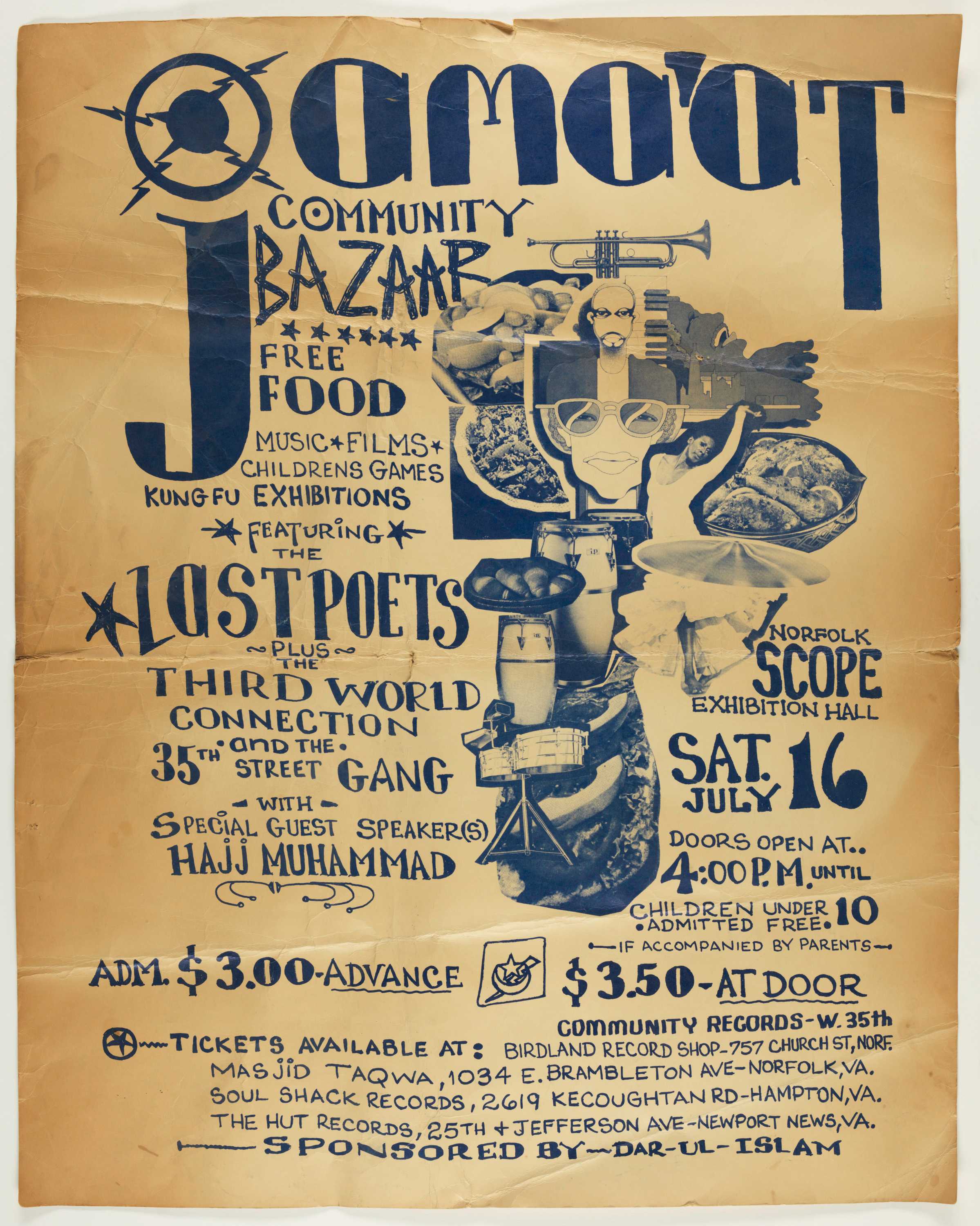 Tan poster with blue type advertising a performance by The Last Poets, in addition to The Third World Connection, The 35th Street Gang, and special guest speaker Hajj Muhammad. The performance is advertised as taking place at the Norfolk Scope Exhibition Hall. The poster include a collage of instruments, people, and other illustrations.