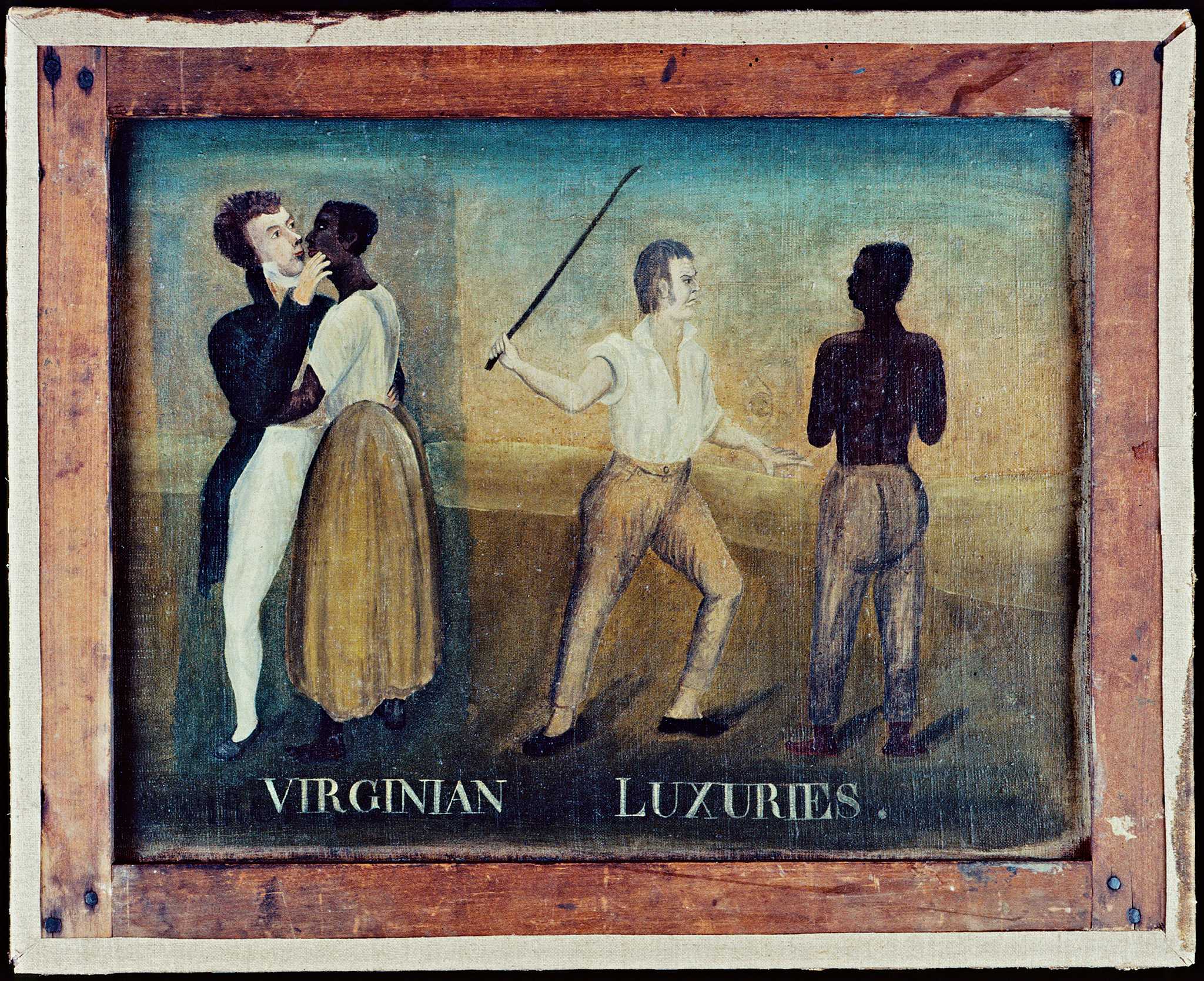 Painting showing enslaver hugging and then beating an enslaved person