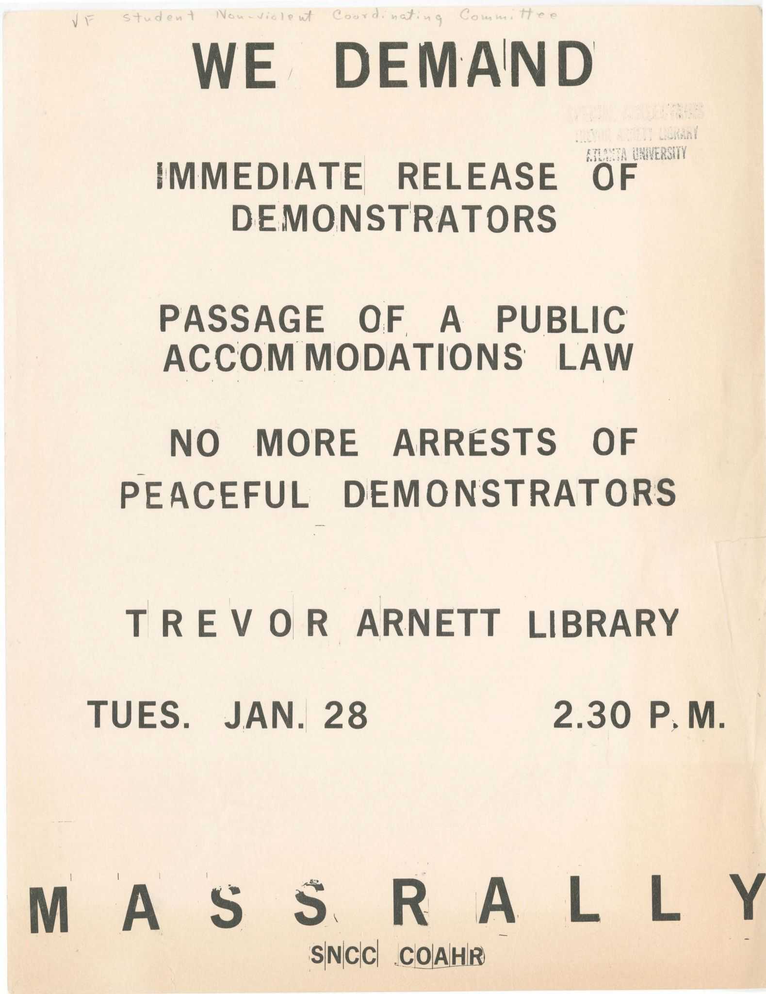 Printed flyer for a mass rally in Atlanta at the Trevor Arnett Library.