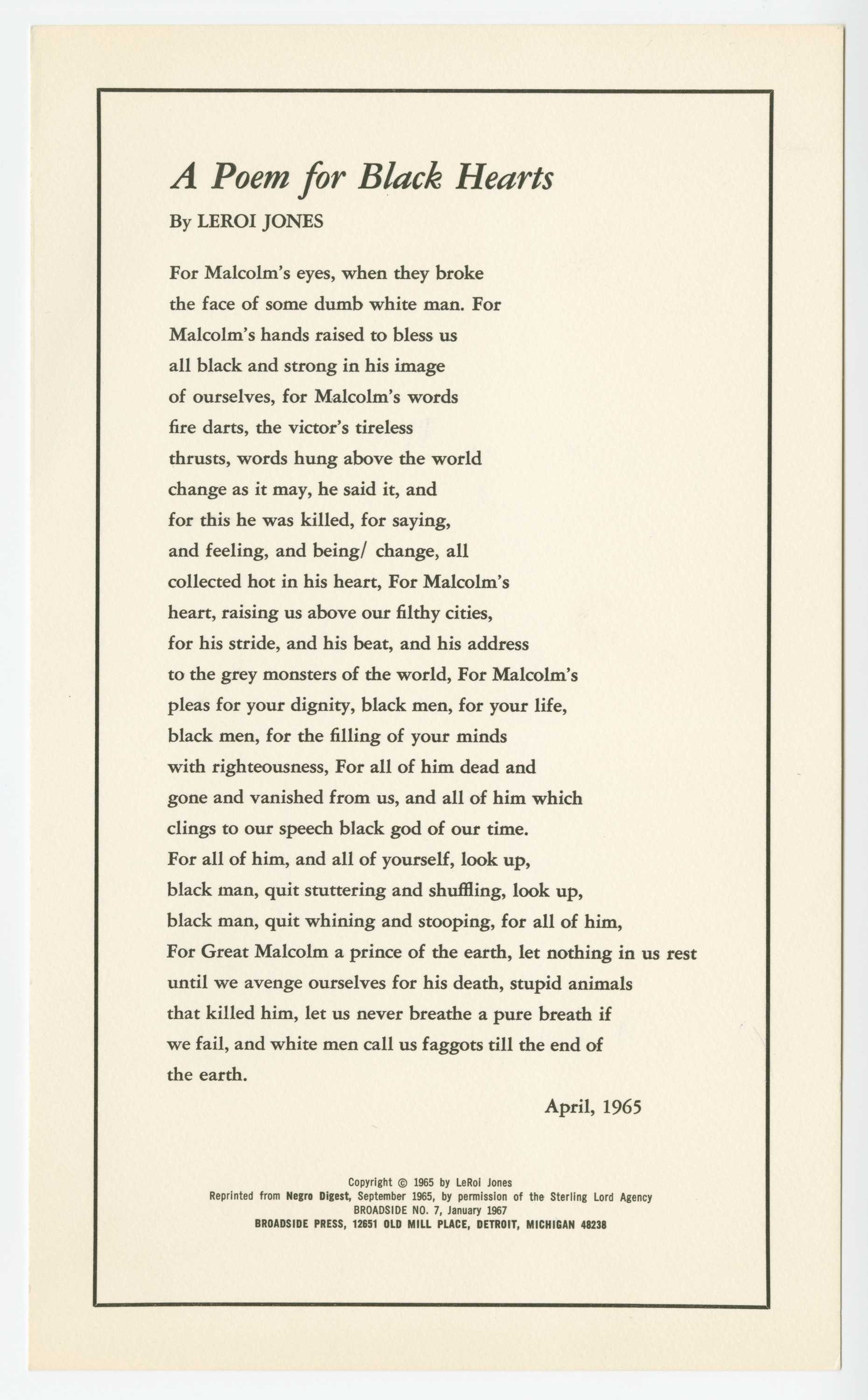 Poem printed in black ink on off-white paper titled A Poem for Black Hearts written by LeRoi Jones.