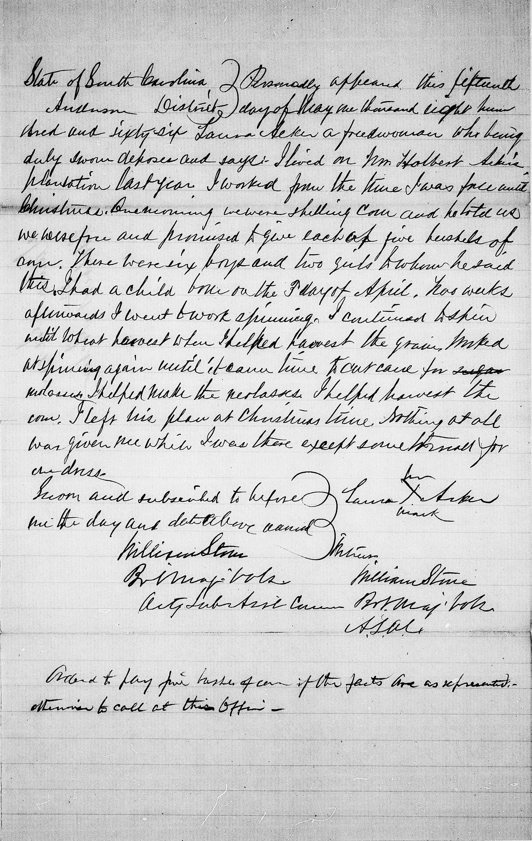 A handwritten affidavit of Laura Acker on lined paper. the affidavit is about 3/4ths of the page long.