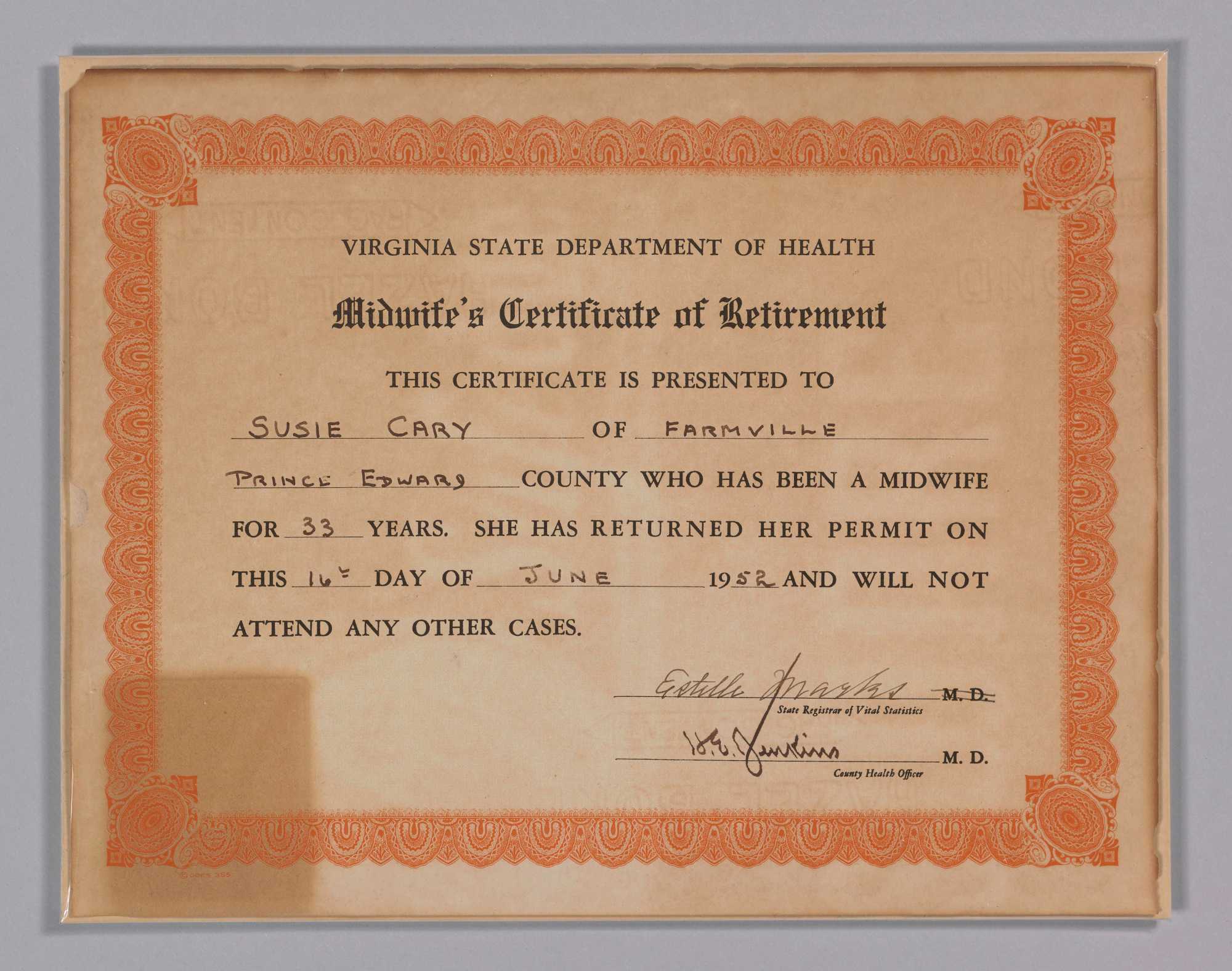 A paper "Midwife's Certificate of Retirement" issued by the Virginia State Department of Health to Susie Carey.