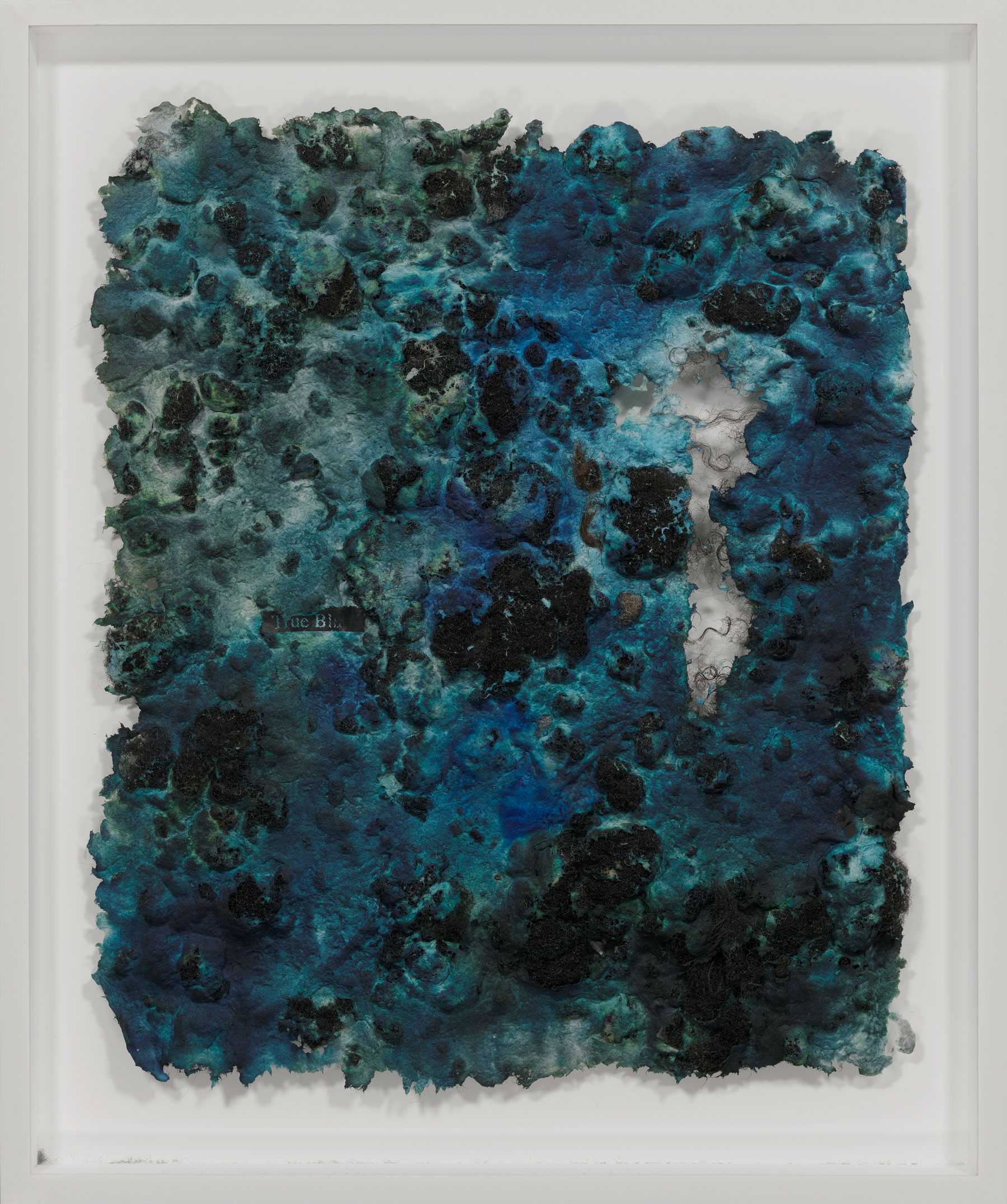 Abstract artwork featuring textured layers of blue and black with a rough, organic appearance.