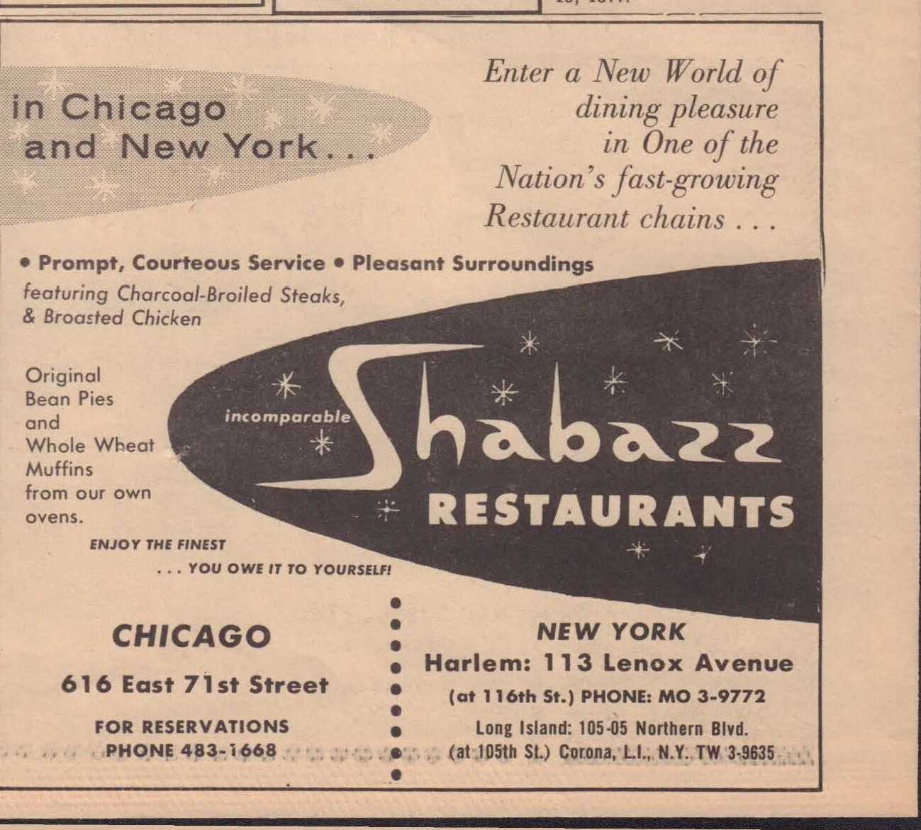 Ad for Shabazz Restaurant in Chicago and New York
