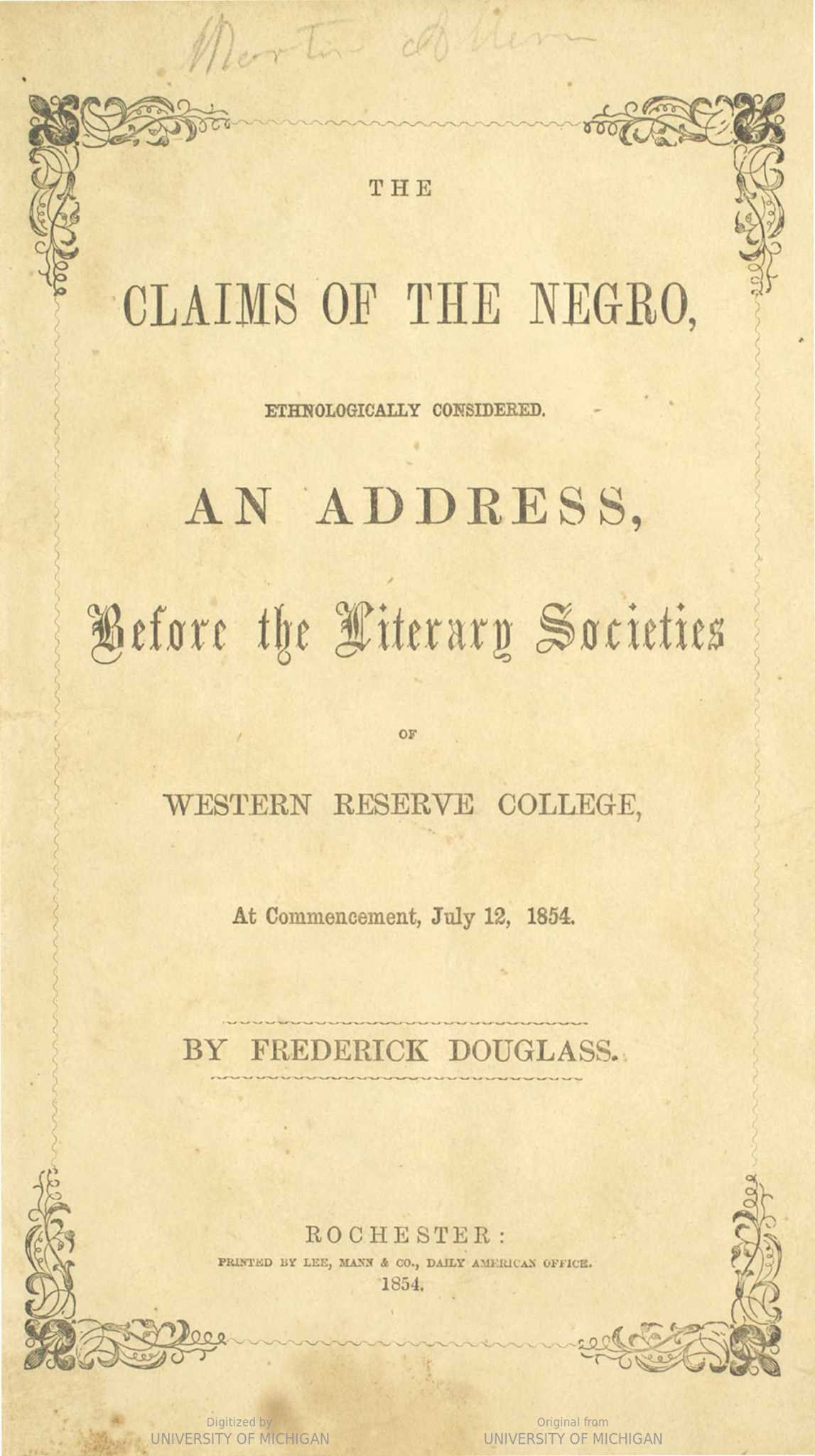 Image of 1854 address, “The Claims of the Negro Ethnologically Considered,” by Frederick Douglass