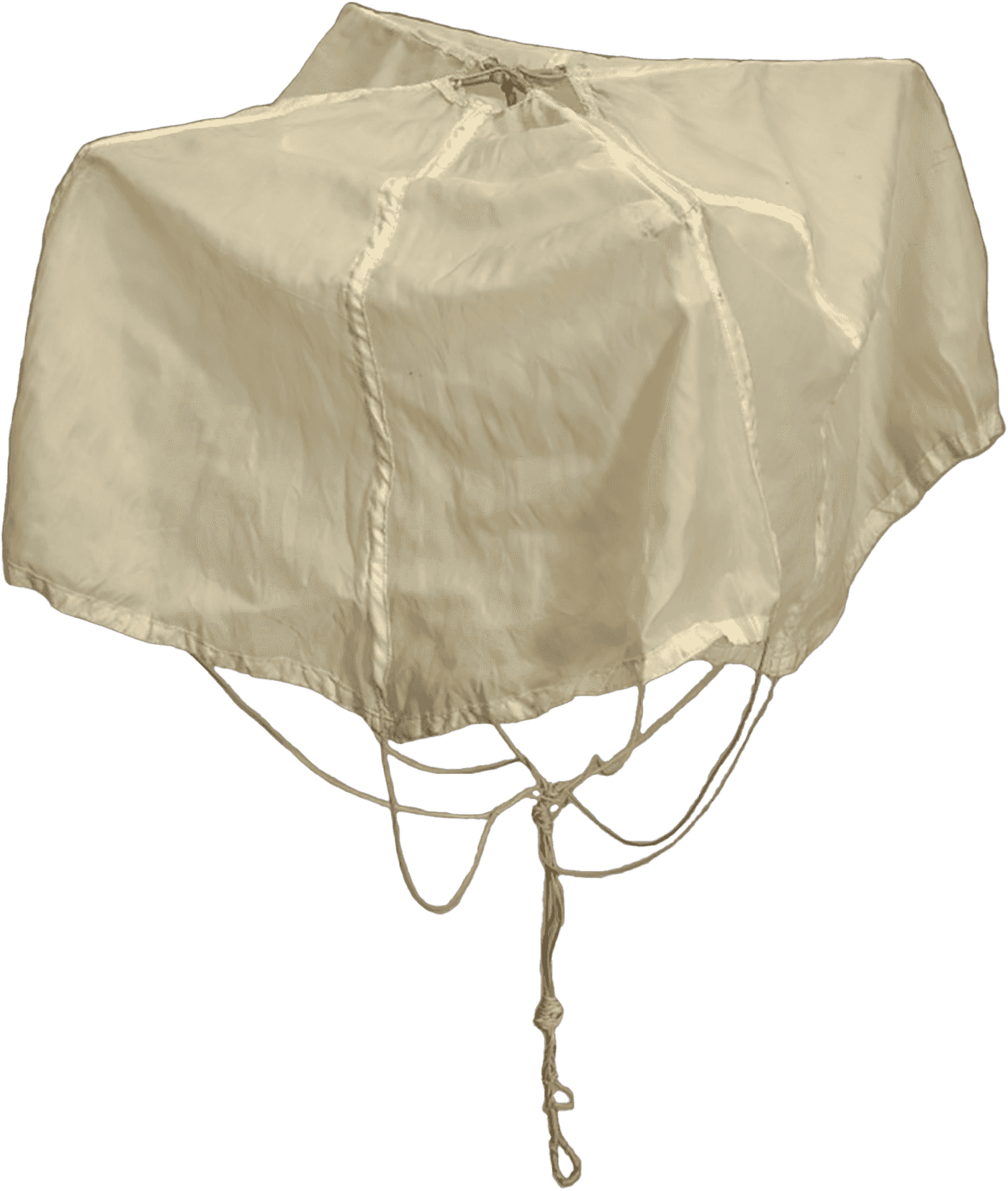 A pilot chute made from beige nylon fabric attached to four (4) metal spokes with eight (8) twines coming together in a knot used as the ripcord.