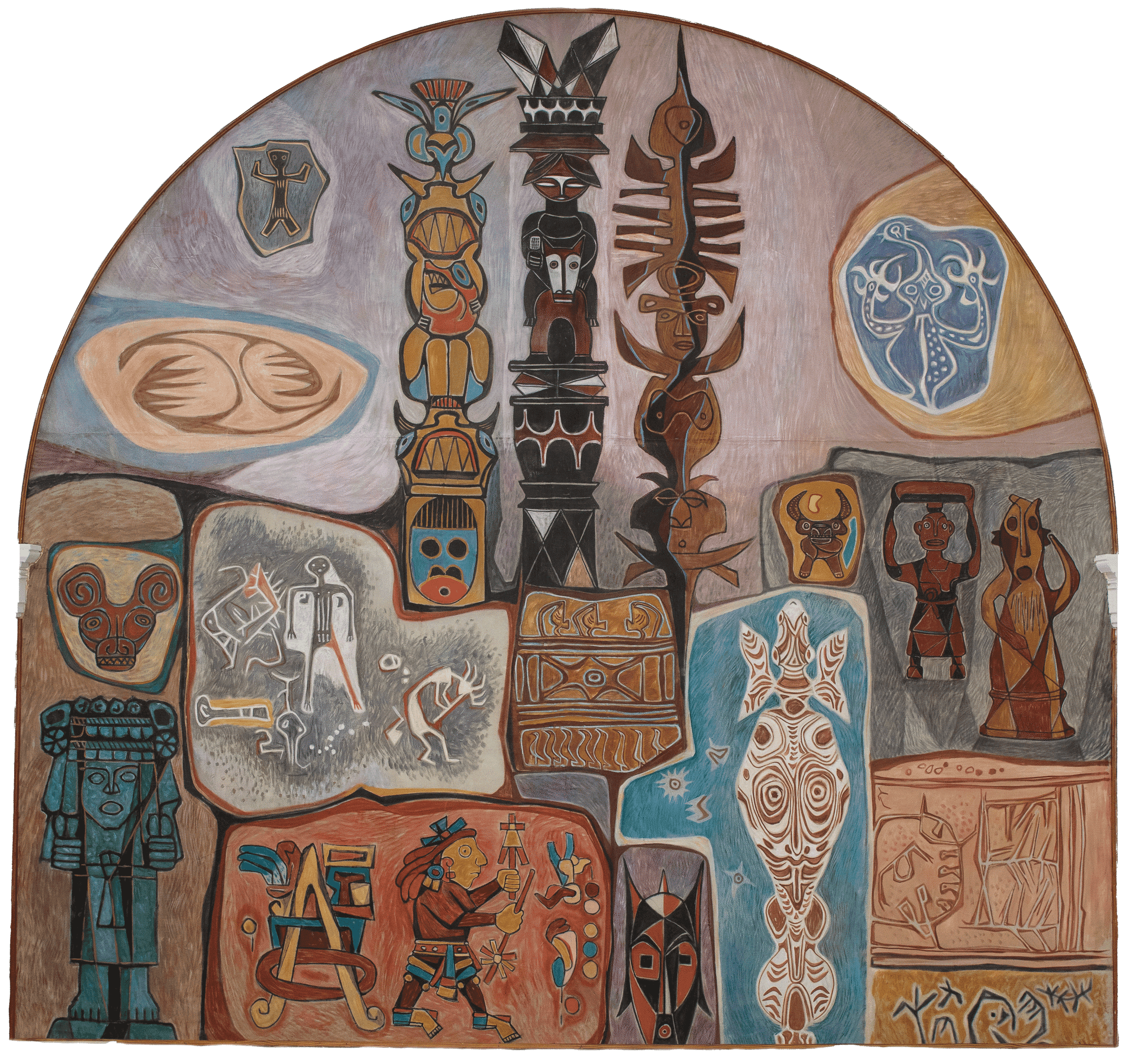Mural featuring stylized human, animal, and abstract figures in a semicircular layout, inspired by indigenous and ancient art with vibrant colors and symbolic motifs.