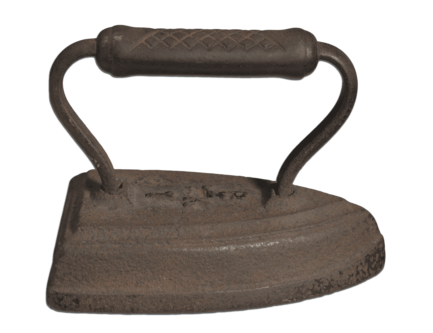 A worn cast iron with an elongated rounded triangular base and an etched handle.