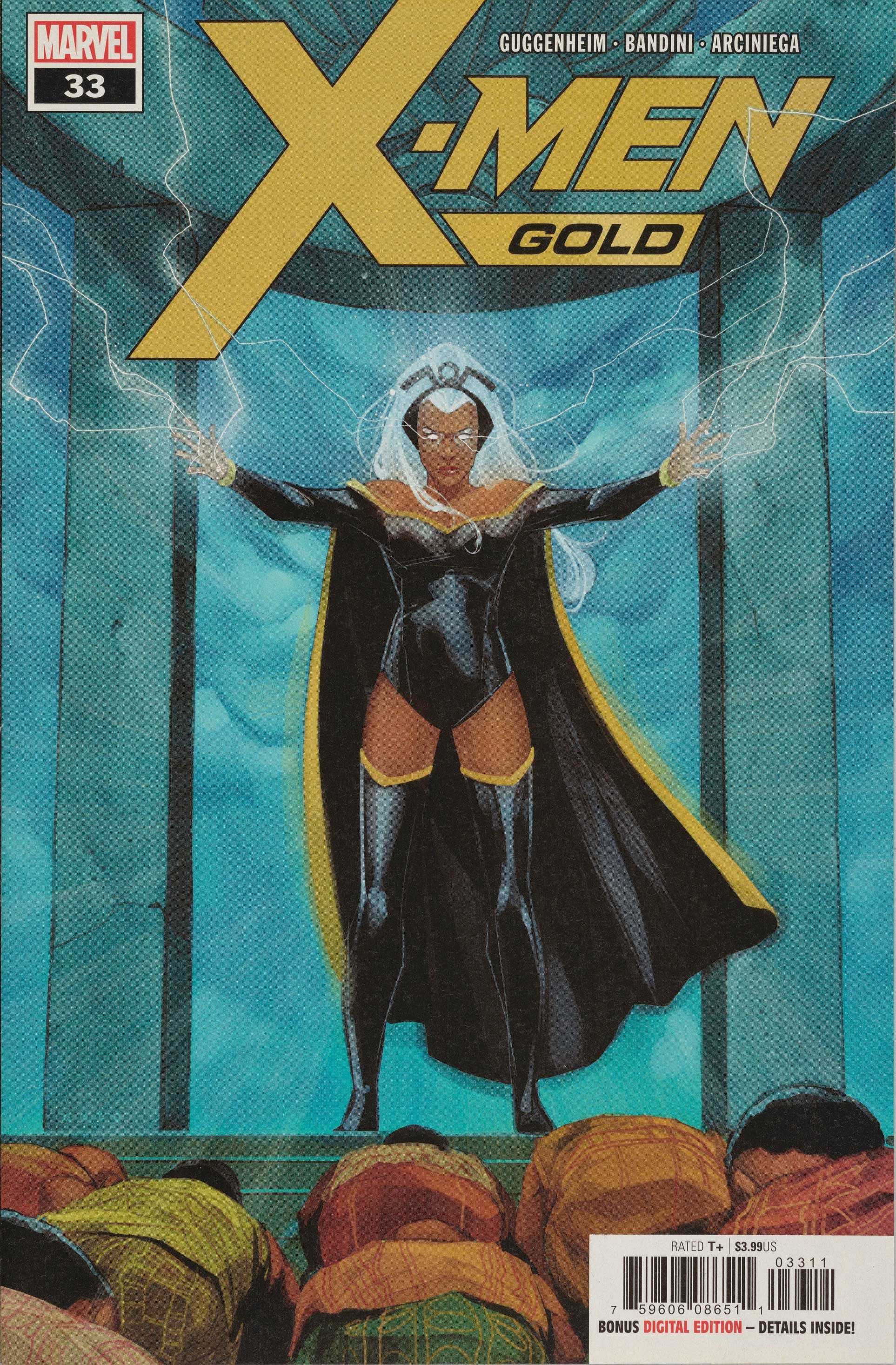 The cover of X-Men Gold #33 with Storm electrifying the air while others bow to her.