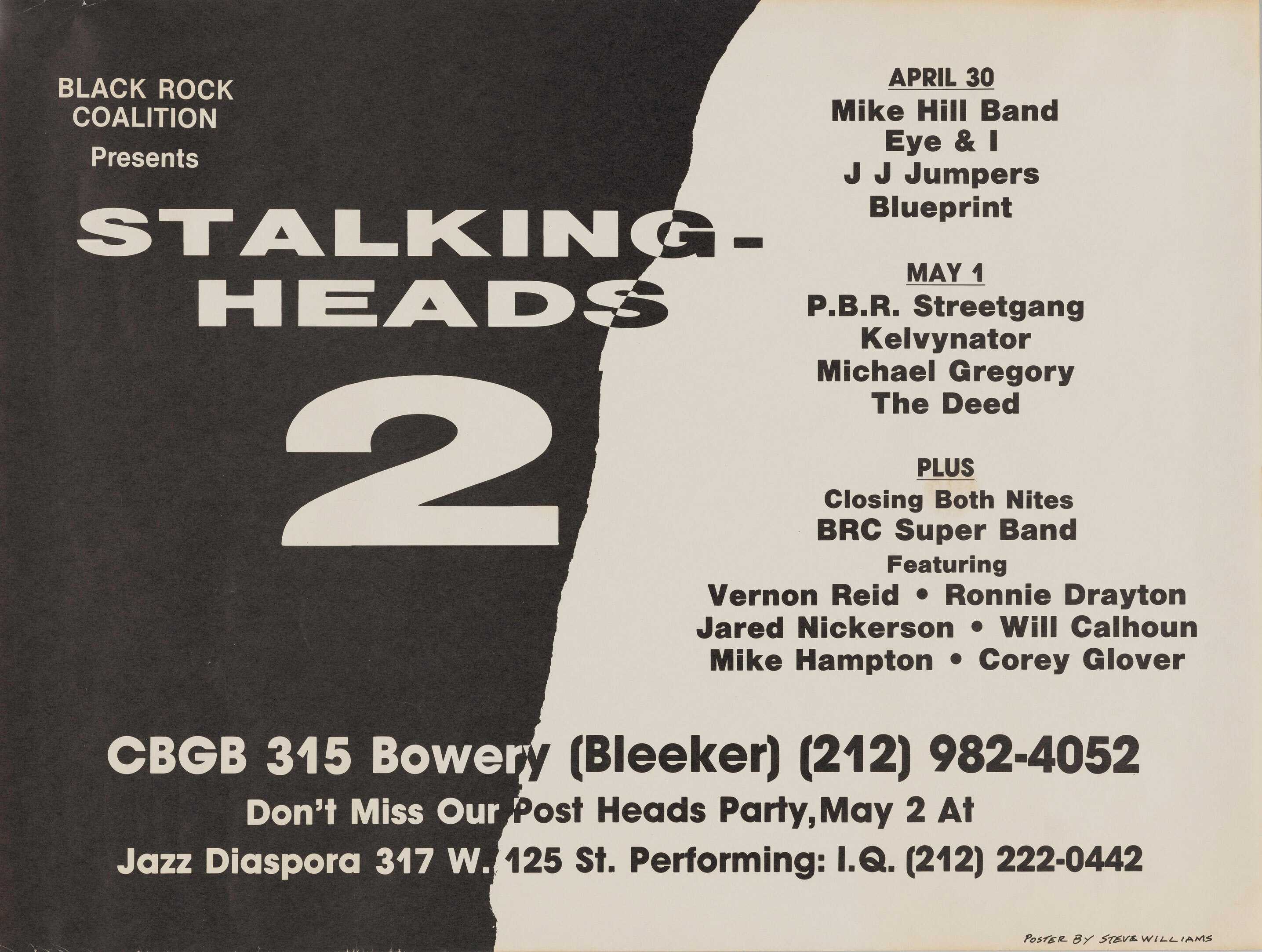 A black and white, split poster. One side is black with white text, while the other side is white and black text.