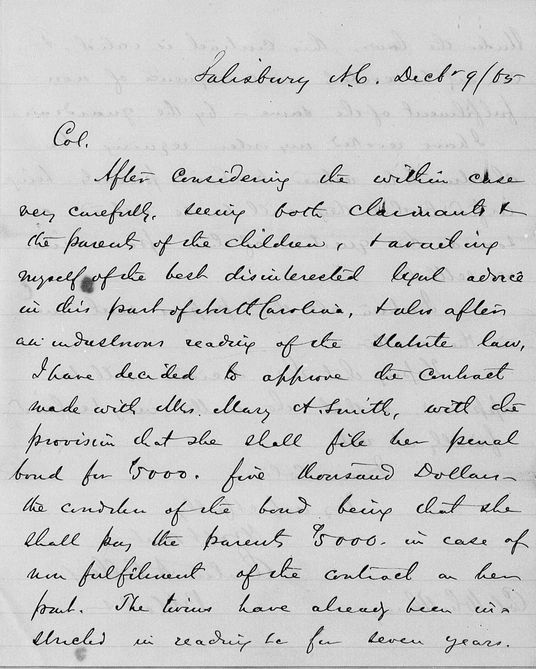 Image of handwritten letter from December 9, 1865