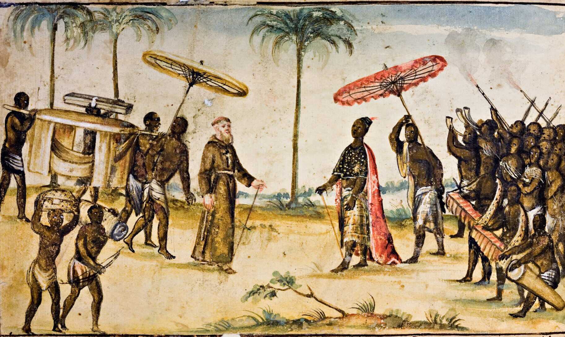 An watercolored illustration of a catholic missionary meeting the king and tribe standing behind them..