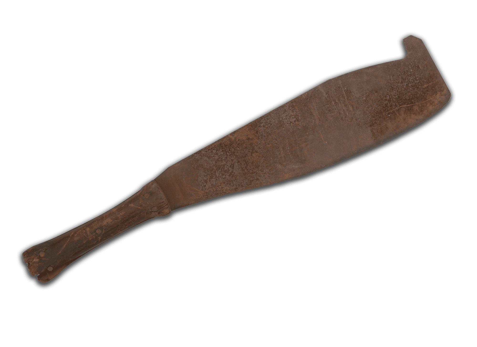 A short-handled sugar cane cutter with metal blade and wood handle. The metal blade is flat and wide at the head, tapering slightly towards the hilt. There is a hook protruding from the widest portion of the head of the blade. There are four metal nails in the wood handle. There are fragments of wood missing from the butt of the handle, exposing parts of the nails.