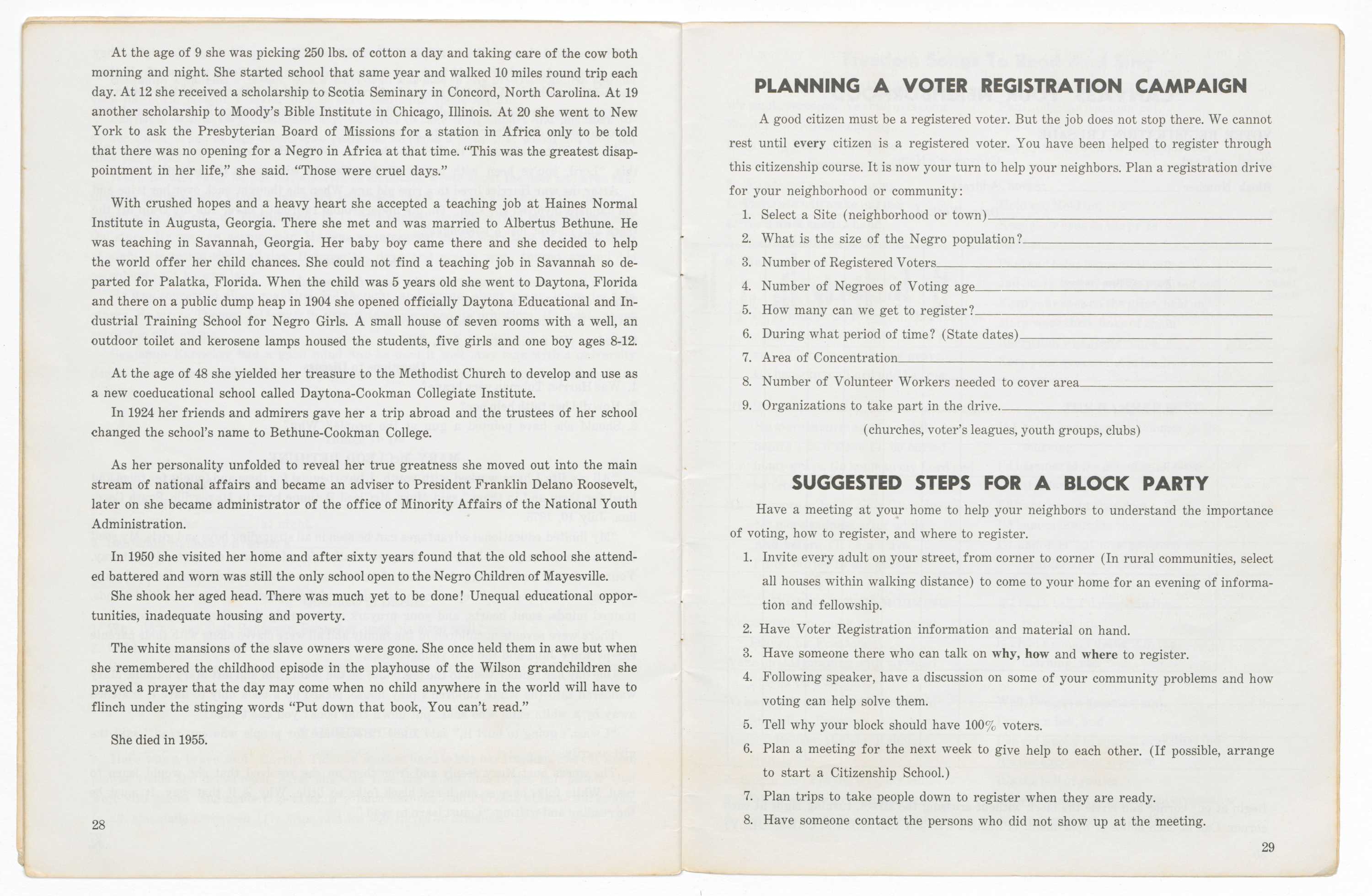 A softback book titled: [Southern Christian Leadership Conference Citizenship Workbook]. The front cover is black with a white vertical block that runs down the proper right side from the top. The block contains the initials: [S / C / L / C] stacked in black. To the right of the block, the initials’ corresponding words are lined up in white type. Together they read: [SOUTHERN / CHRISTIAN / LEADERSHIP / CONFERENCE]. At the bottom of the cover, centered, white type reads: [Citizenship Workbook]. The interior pages, thirty-two in total, are off-white paper with black type and black-and-white images throughout. The inside of the front cover contains information about SCLC Leadership, Citizenship Education Program leadership, and Voter Registration Project leadership. An off-white tab is stuck between front cover and first interior page.  The Foreword contains text from Dr. Martin Luther King, Jr. and a black-and-white image of Dr. King, Dr. C. O. Simpkins and Robert F. Kennedy. There is an envelope adhered between the last interior page and back cover. The back cover has a white rectangular box, centered, with black type that reads: [This book belongs to:]. The rest of the box contains fill in the blanks that include: [Name / Address / City   County / State]. Handwritten in pencil in the "Name" blank is: [Kitt].