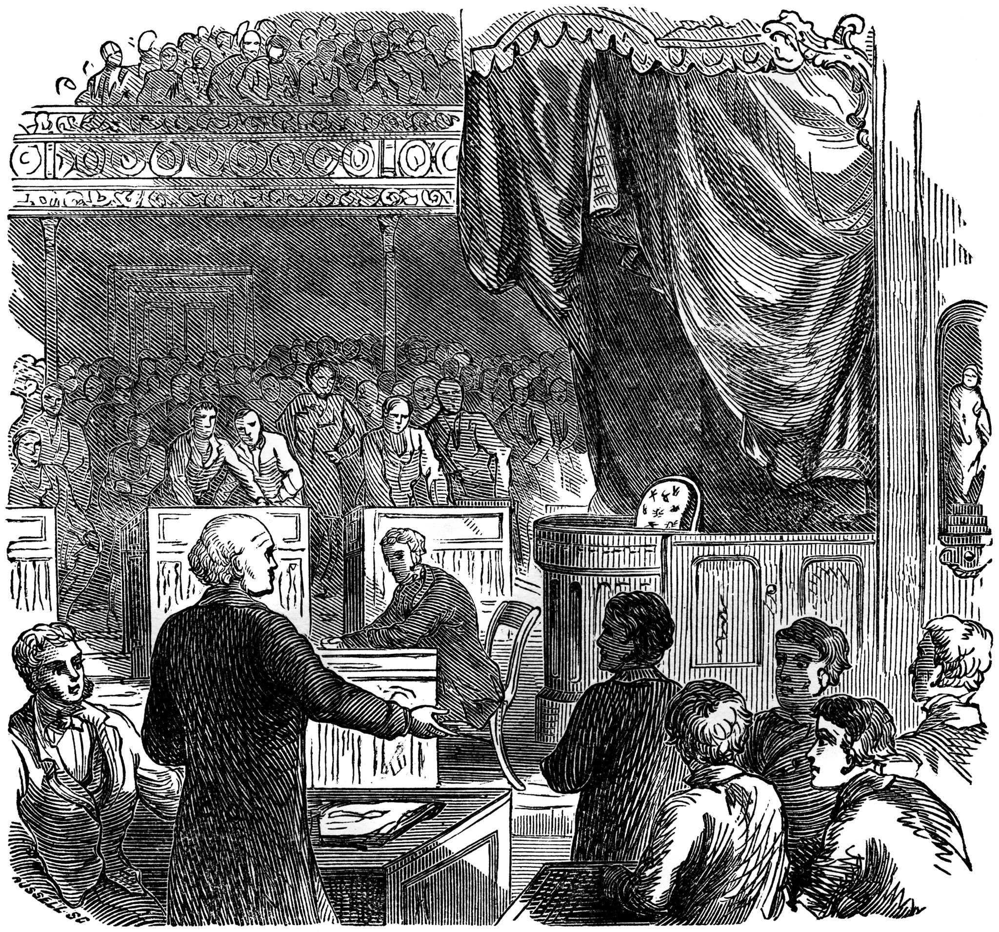 Black and white illustration of John Quincy Adams in the House of Representatives