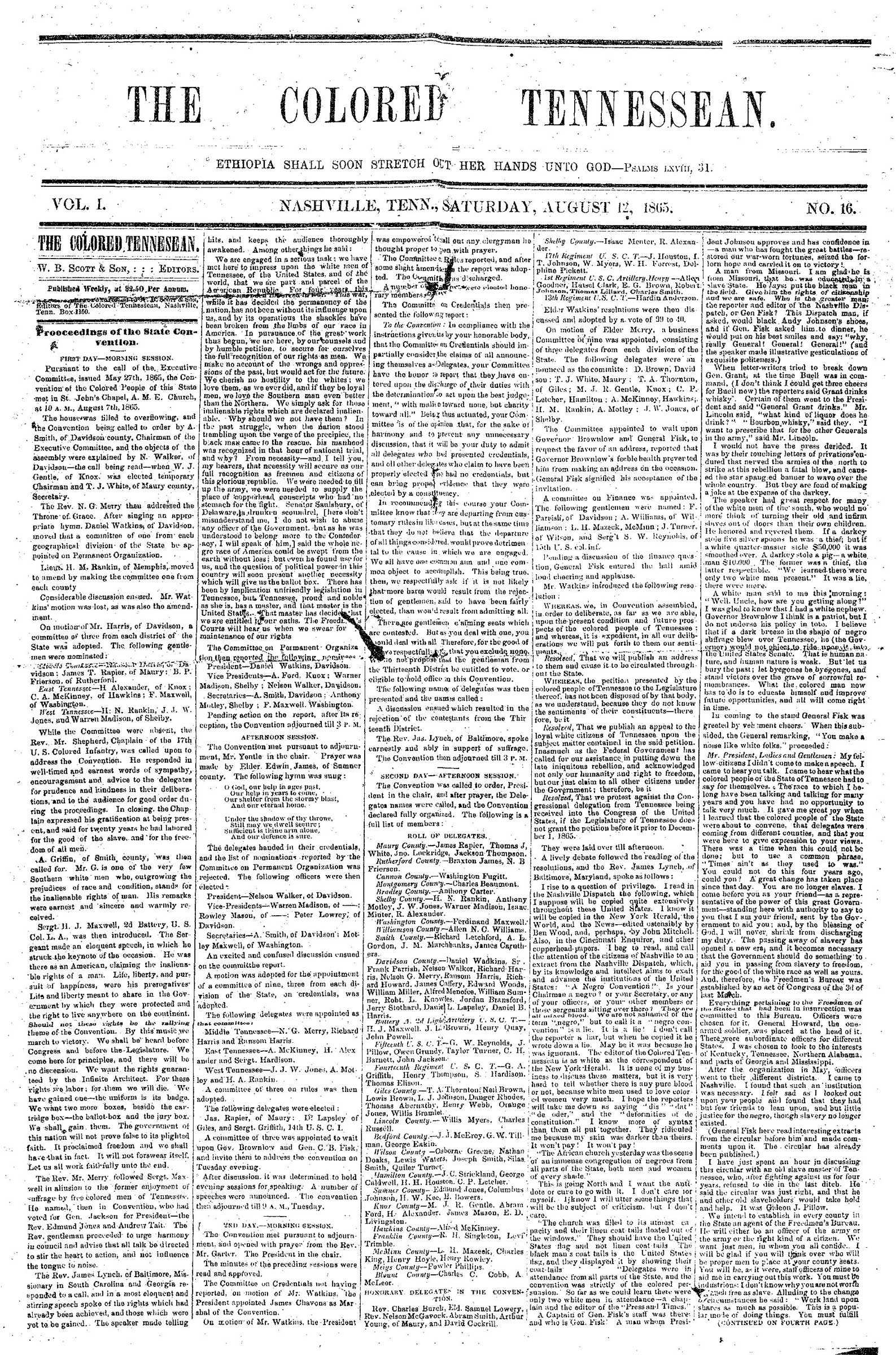 A full page of newspaper with 5 columns of tiny typed face. It is dated August 12th, 1865