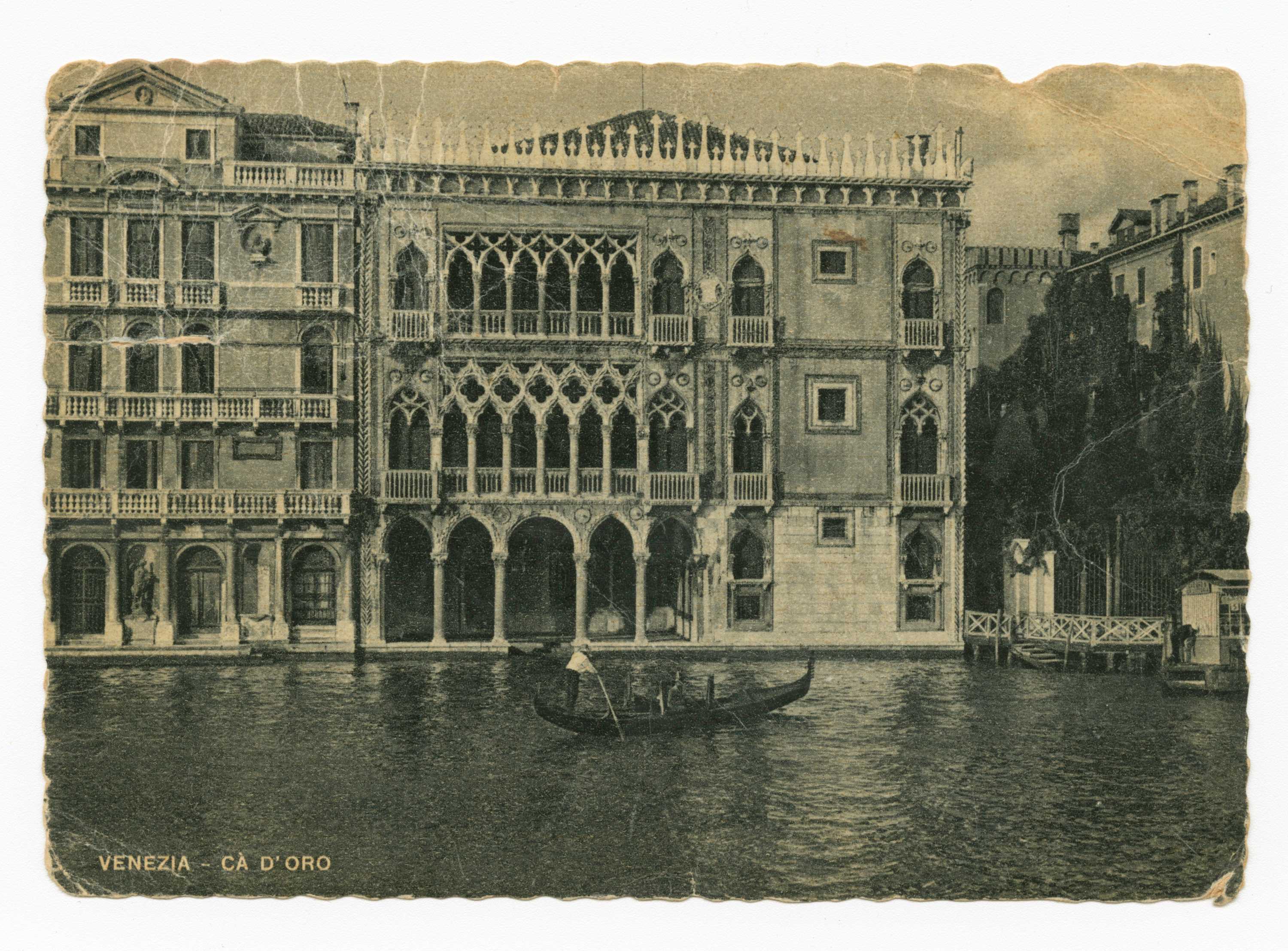 Postcard from James Baldwin to his sister Paula Baldwin telling her about the a gondola ride that he took on the Grand Canal in Venice. The Ca' d'Oro is depicted on the front of the post card.