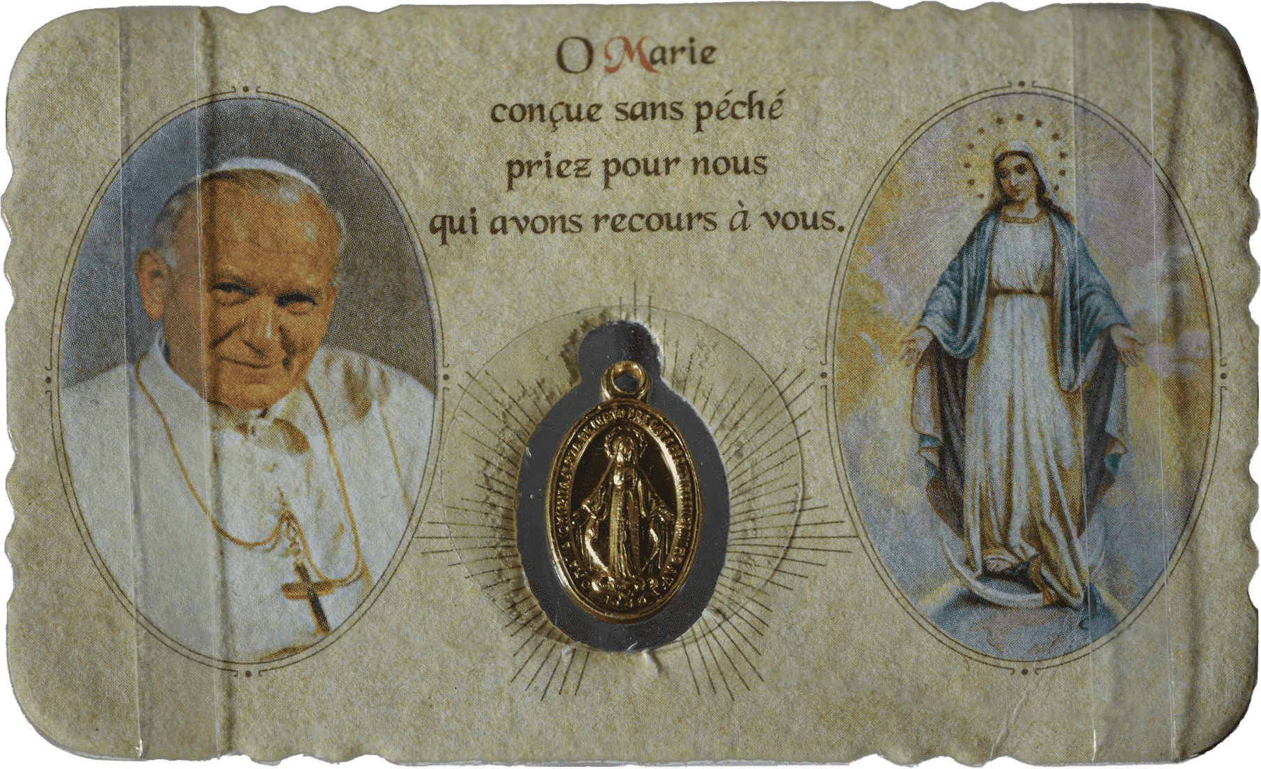 Photograph of Italian Miraculous Medal on paper with religious imagery