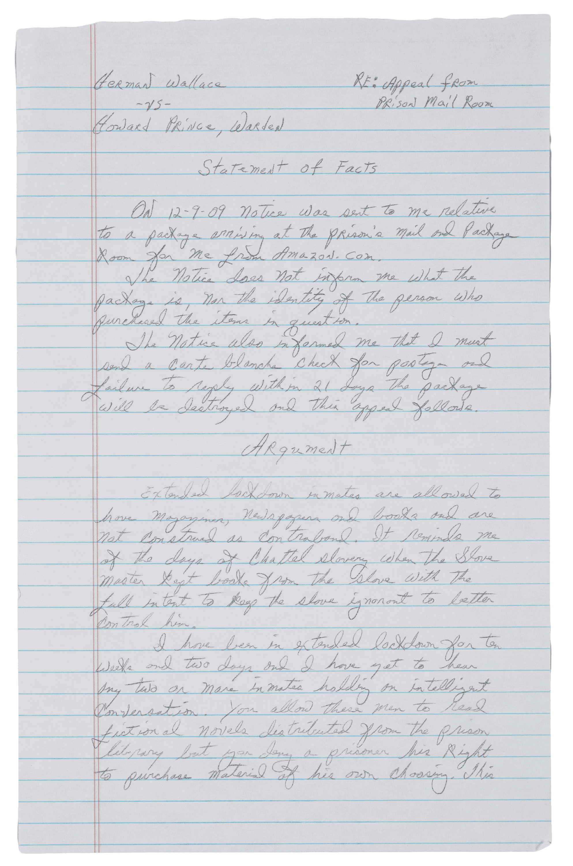 A handwritten appeal by Herman Wallace on looseleaf paper. He has written a "Statement of Facts" and "Argument" section.
