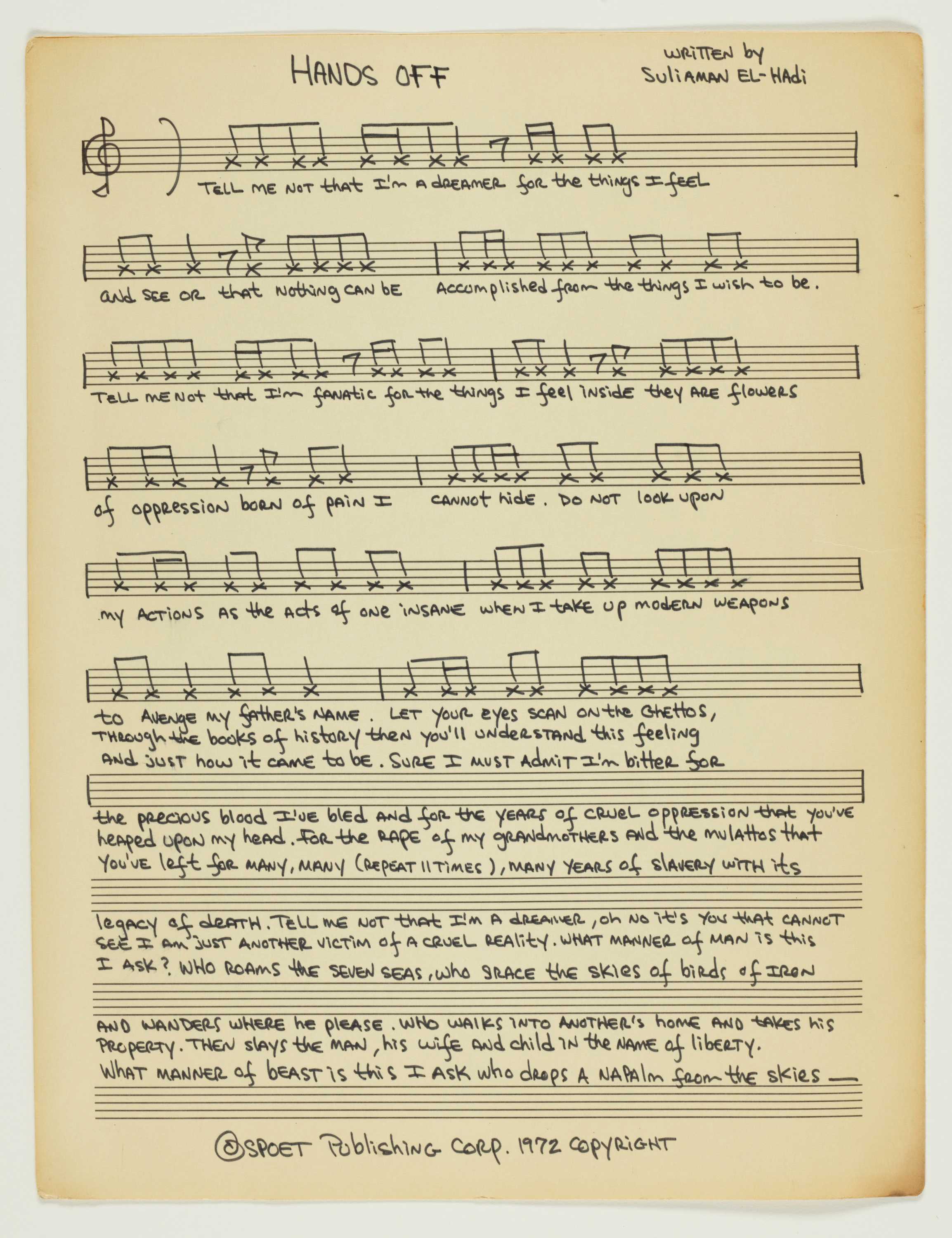 Image of Sheet music for “Hands Off” written by Sulaiman El-Hadi