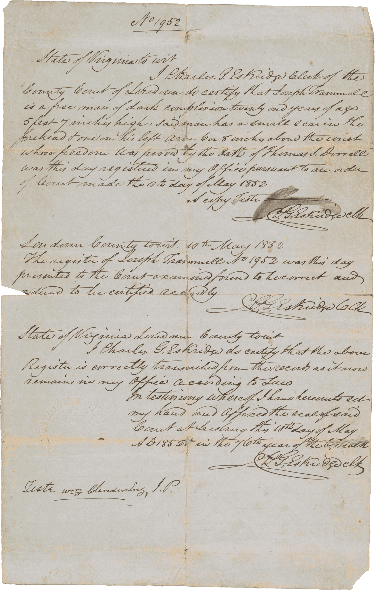 Certificate of Freedom for Joseph Trammell. Handwritten in black ink on white paper, the document is labeled at the top as "No. 1952." The document includes a detailed description of Mr. Trammell. It also includes that his freedom was proven by the oath of Thomas S. Dorrell. The certificate indicates a county registration number that provides legal record of Joseph Trammell’s status as a free man of color.