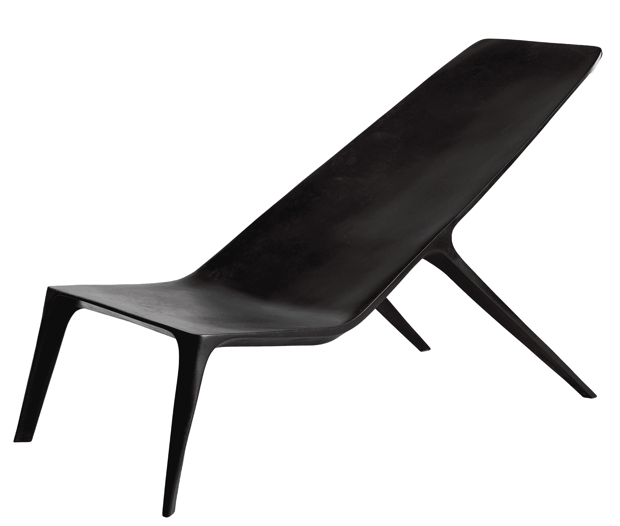 Modern black lounge chair with a low, angled back and slender legs against a plain gray background.