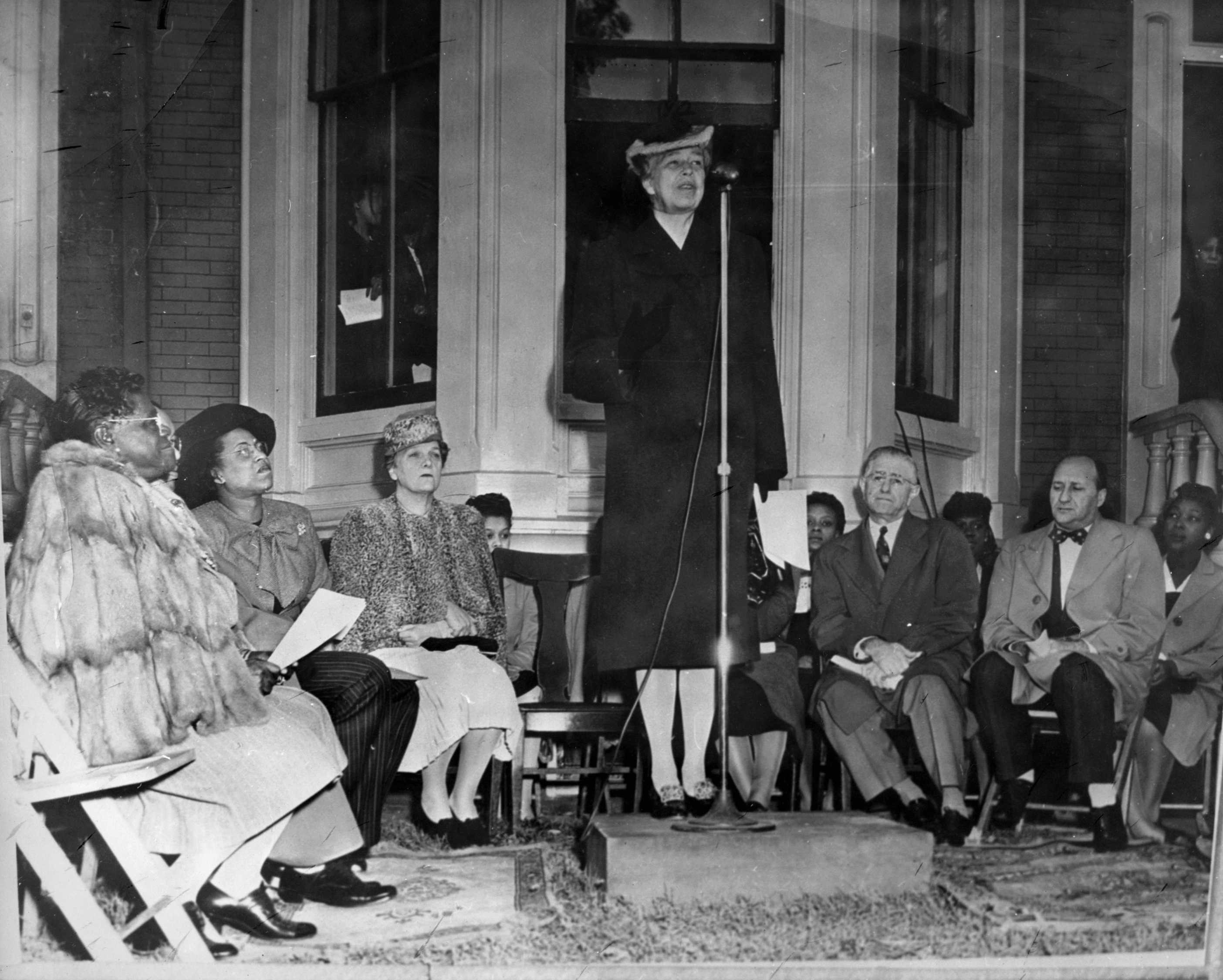 Photograph of Eleanor Roosevelt speaking at the Council House dedication