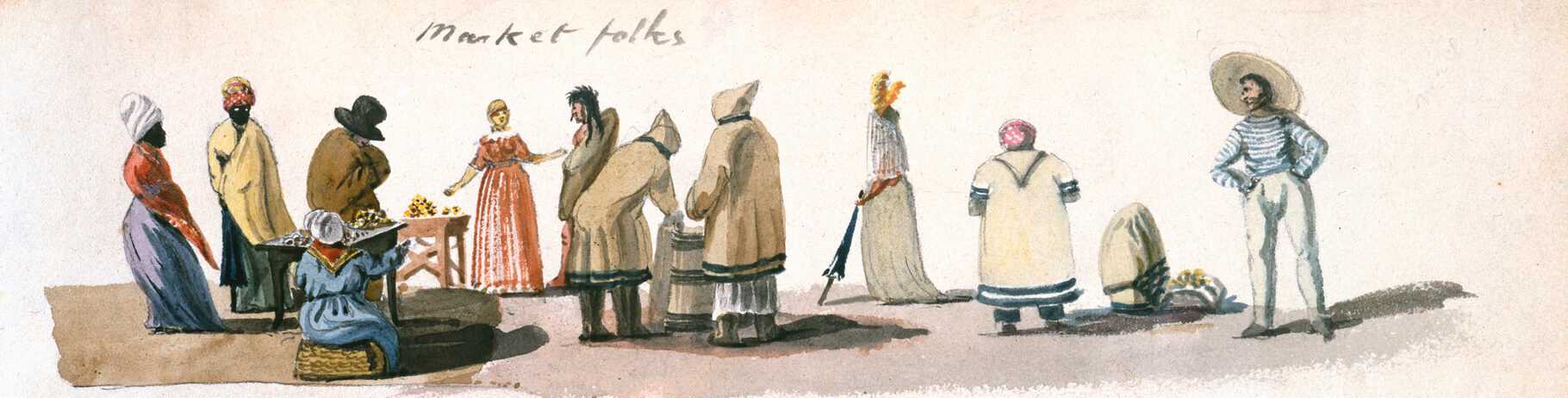 Watercolor painting of different merchants at a market
