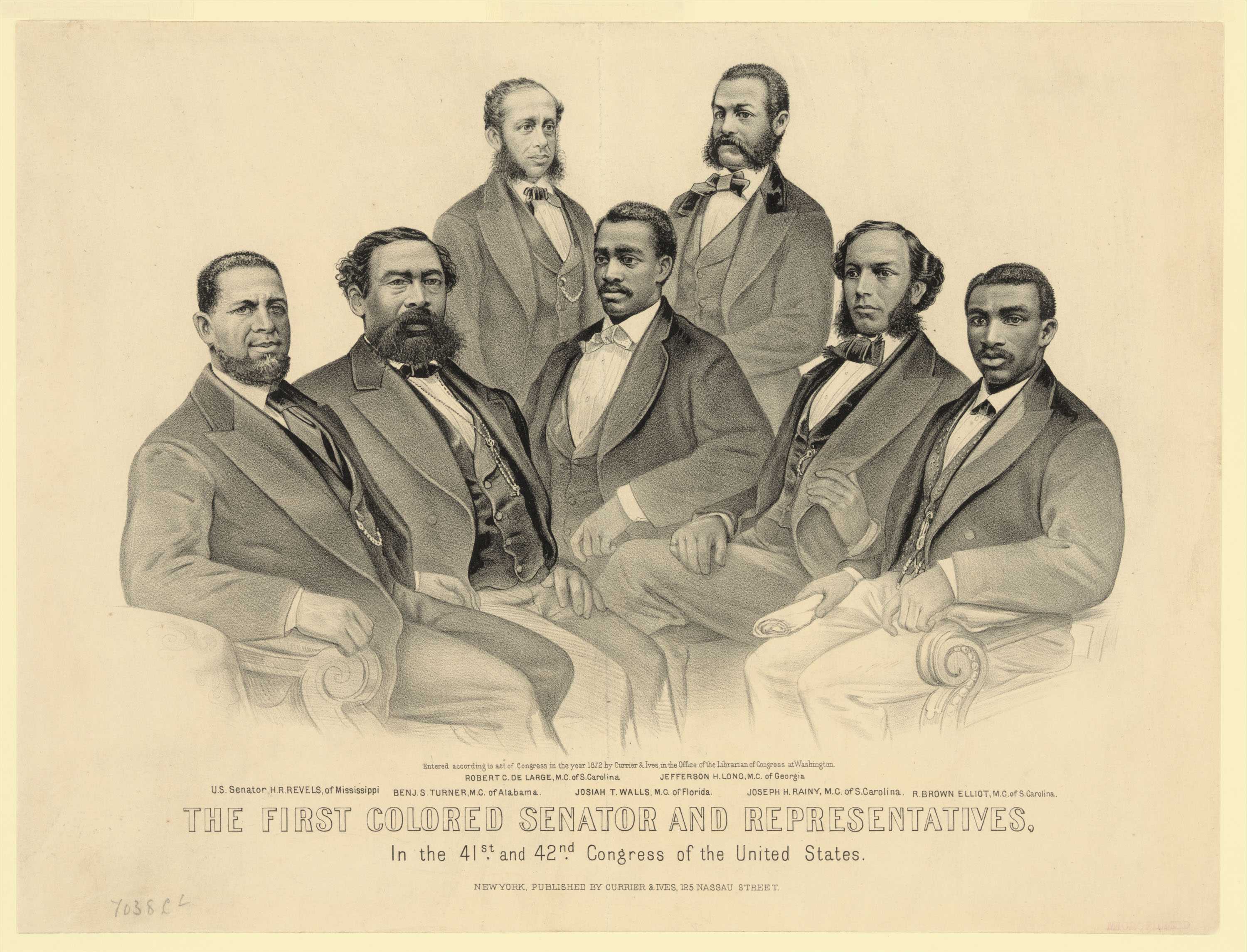 A lithograph print of the first black congressmen dressed in suits in the 41st and 42nd Congress.