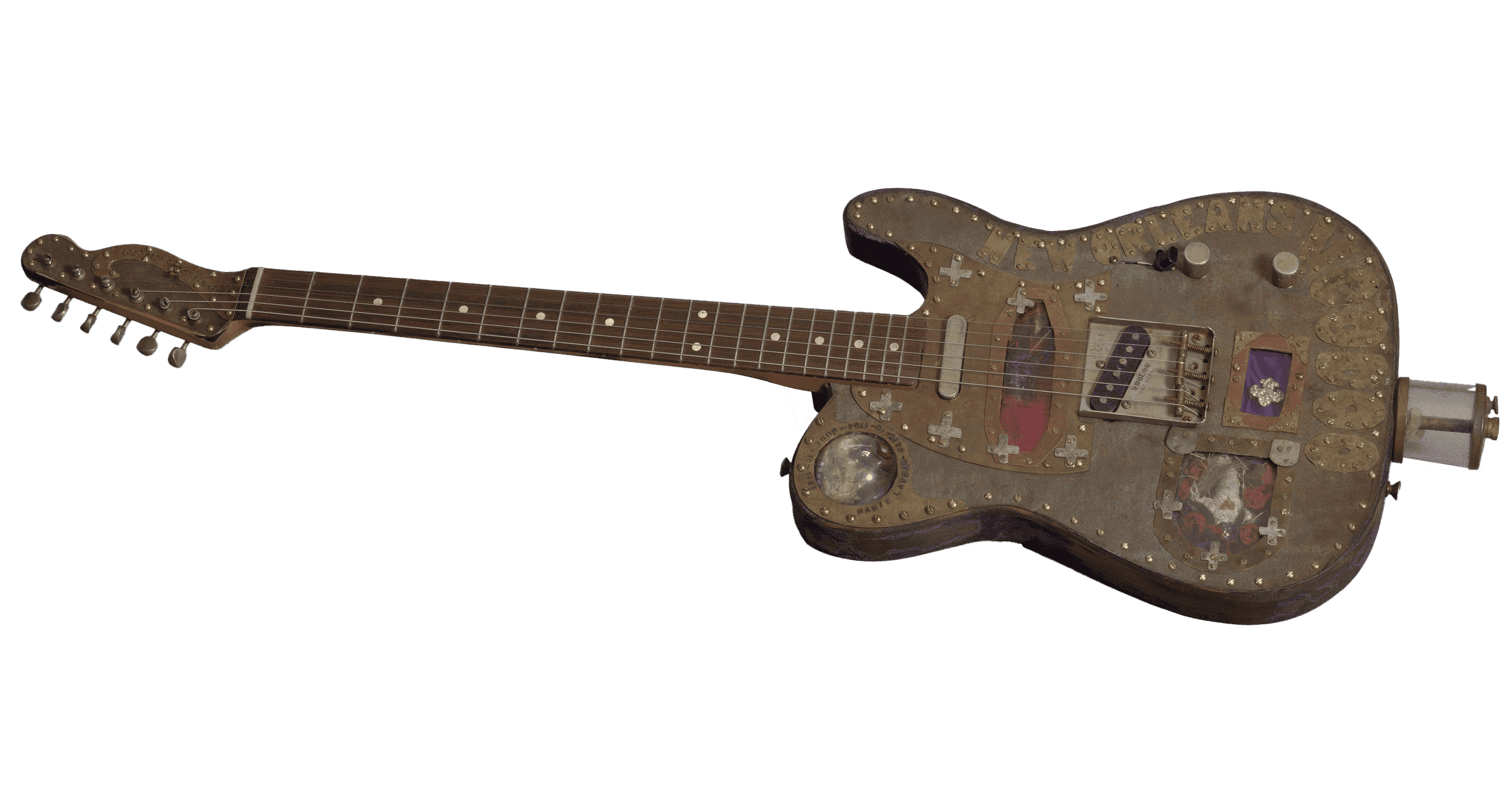 Guitar used by Don Moser. The 6-string electric guitar is wooden with metal-plated head and body. A plaque on the head features text that reads [KATRINA - AUG - 29- 2005].