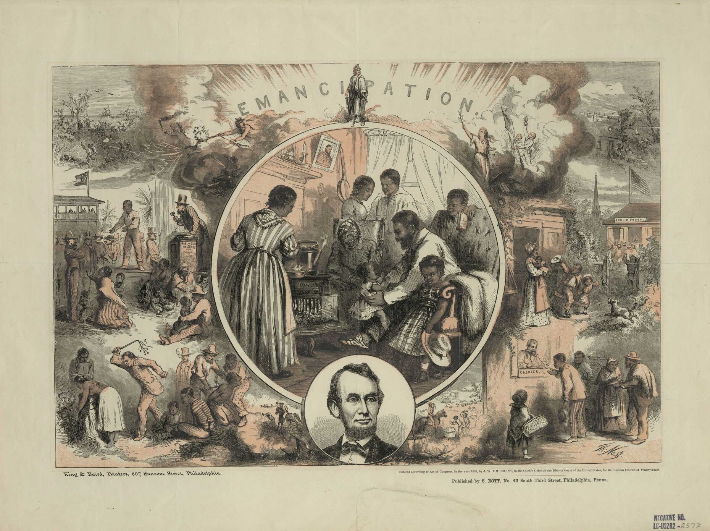 Multiple illustrations centered around one scene showing the interior of a freedman's home with the family gathered around a "Union" wood stove.