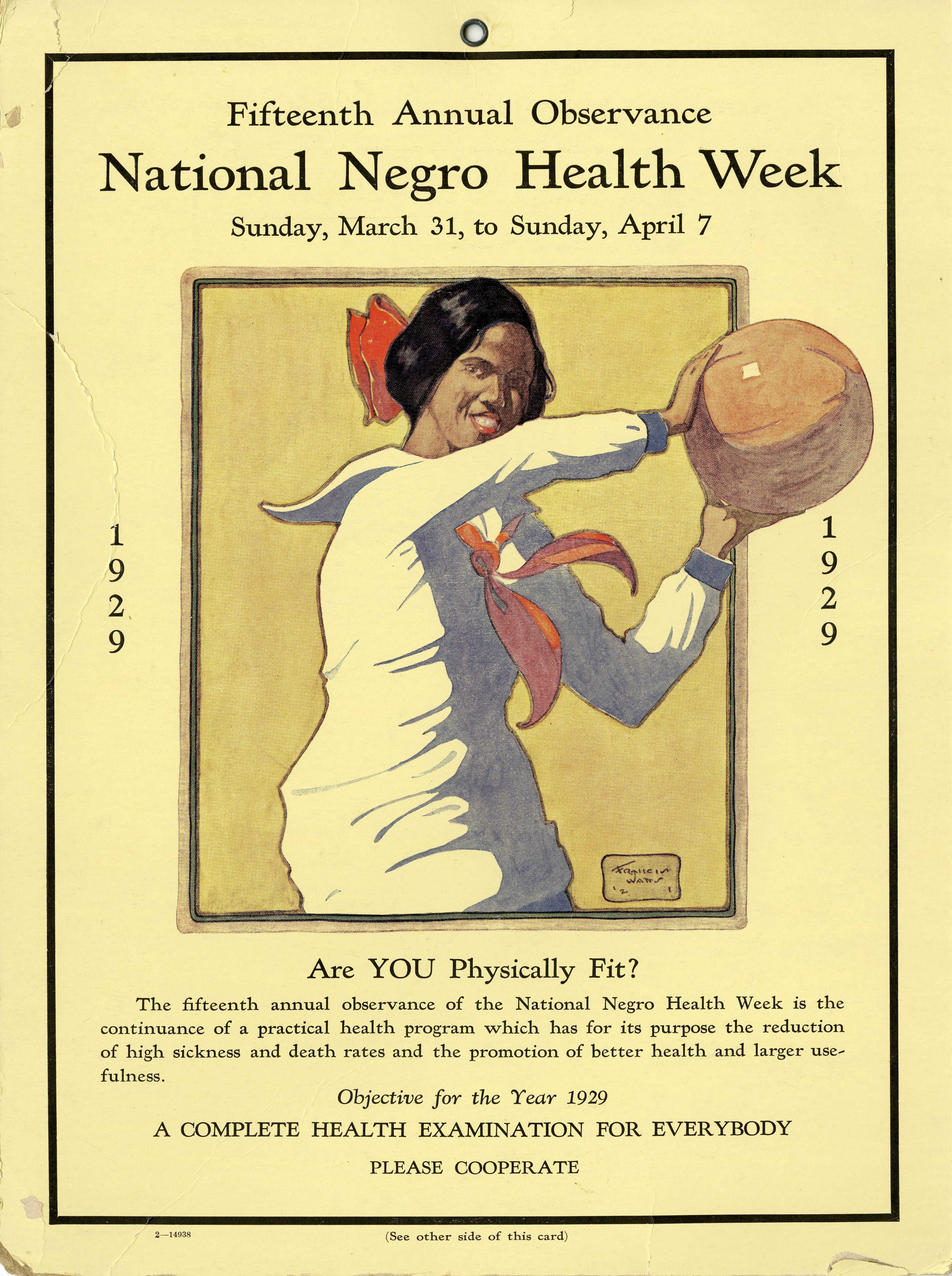 1929 poster for the Fifteenth Annual National Negro Health Week, featuring a person in athletic attire holding a basketball. The campaign promotes physical fitness and encourages complete health examinations for all.