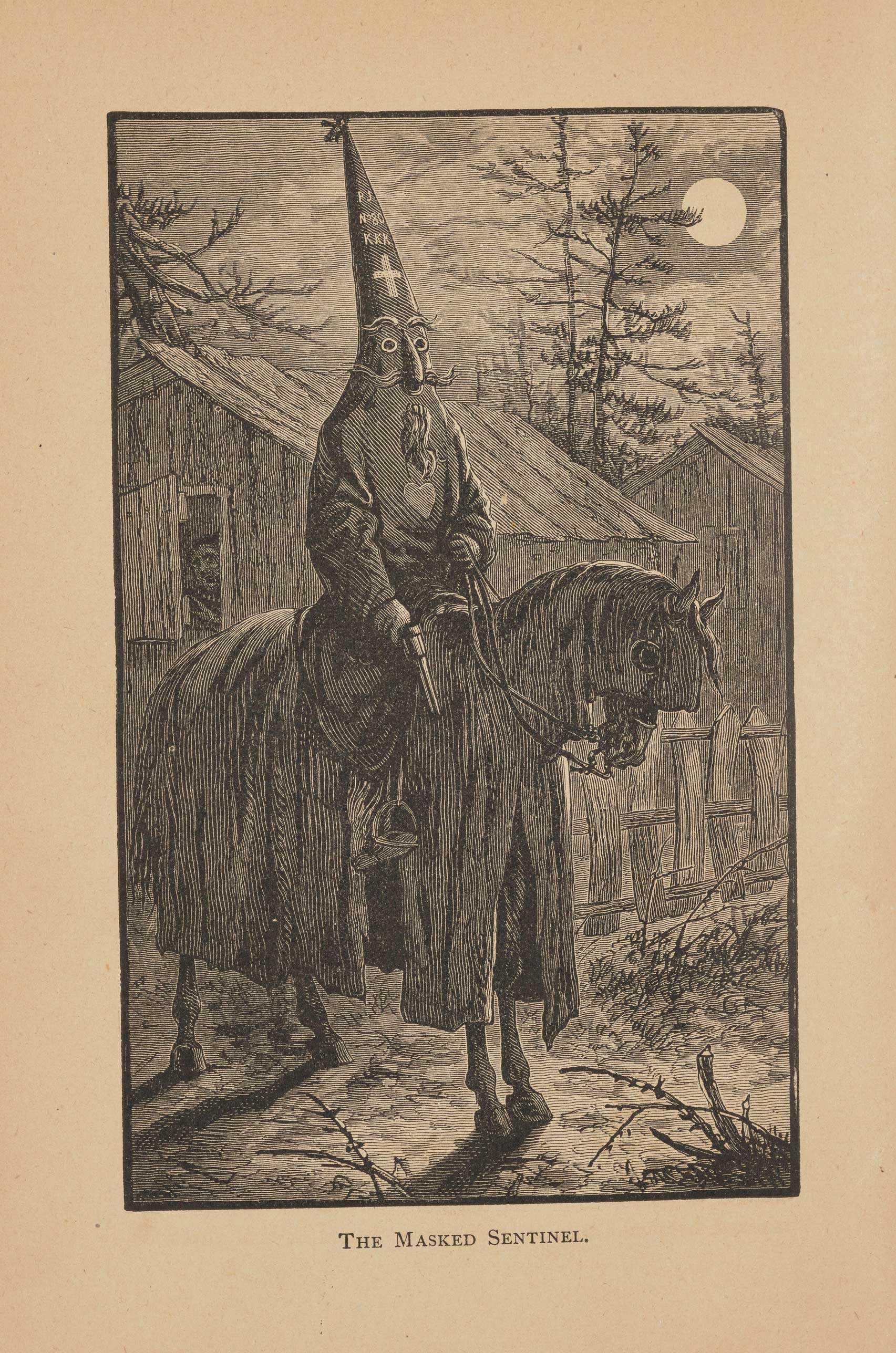 A print of a masked figure on a horse outside a cabin and full moon. He has a gun in his right hand.