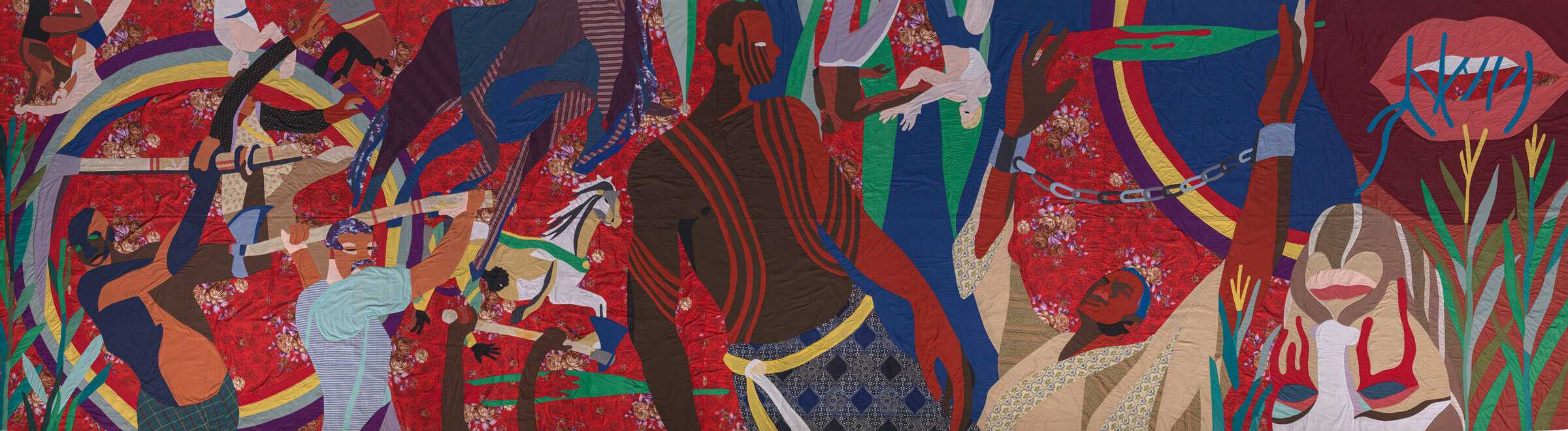 A large colorful textile work depicting the life of Nat Turner and the rebellion of enslaved person in 1831.  The work consists of a single, long, rectangular panel, handsewn with pieces of appliquéd fabrics creating colorful and curving figures and imagery against a red, floral print background. The appliqué pieces include a variety of textiles, some solid colors and some with printed or woven design patterns.