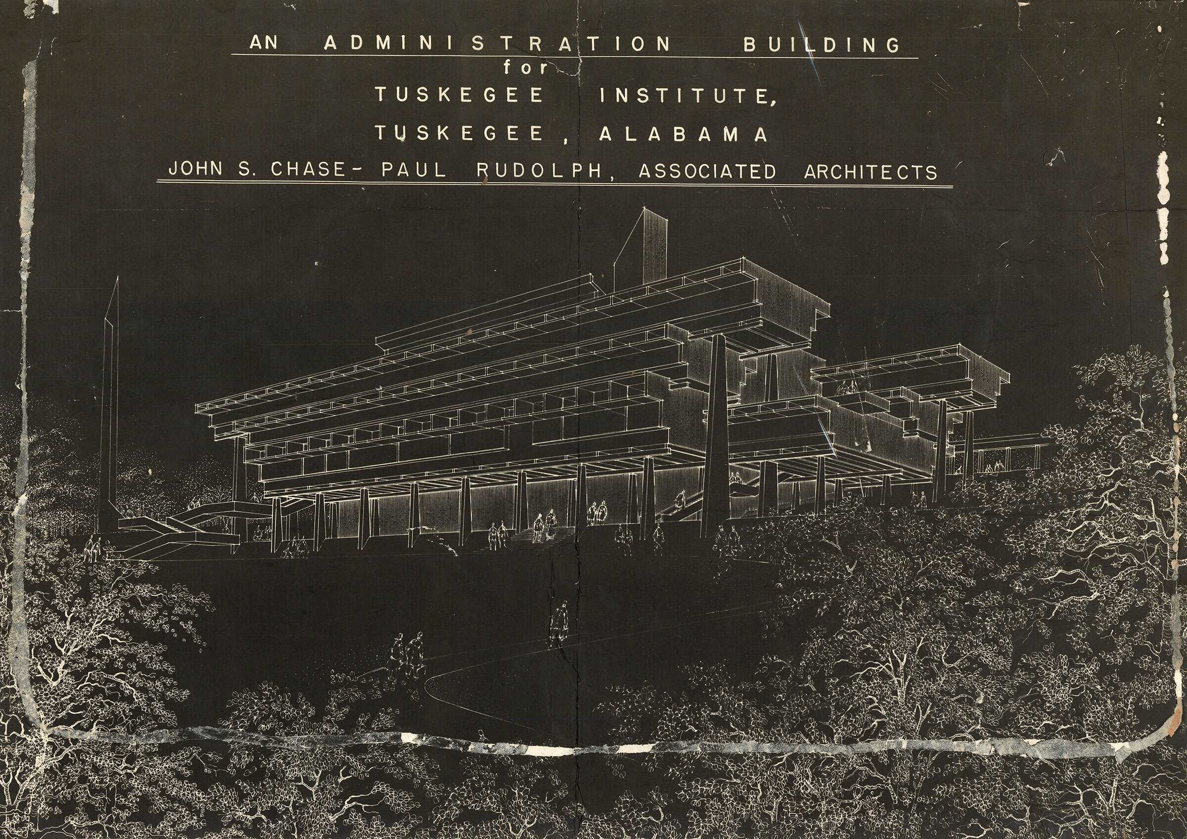 Architectural drawing of Administration building at Tuskegee Institute in Tuskegee, Alabama, designed by John S. Chase and Paul Rudolph.