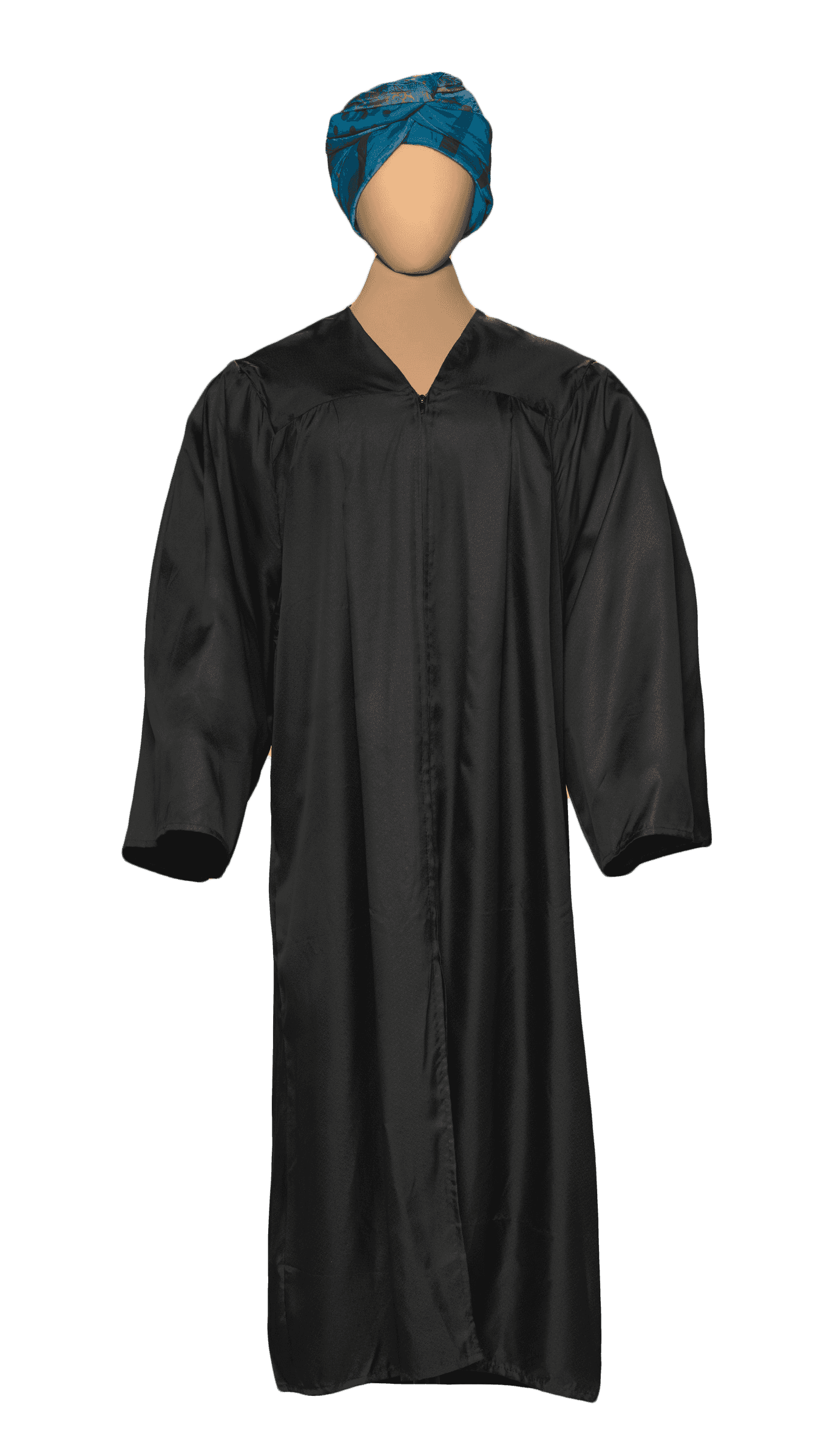 A black robe worn at convocation with a headwrap. The robe has a zipper down the front.