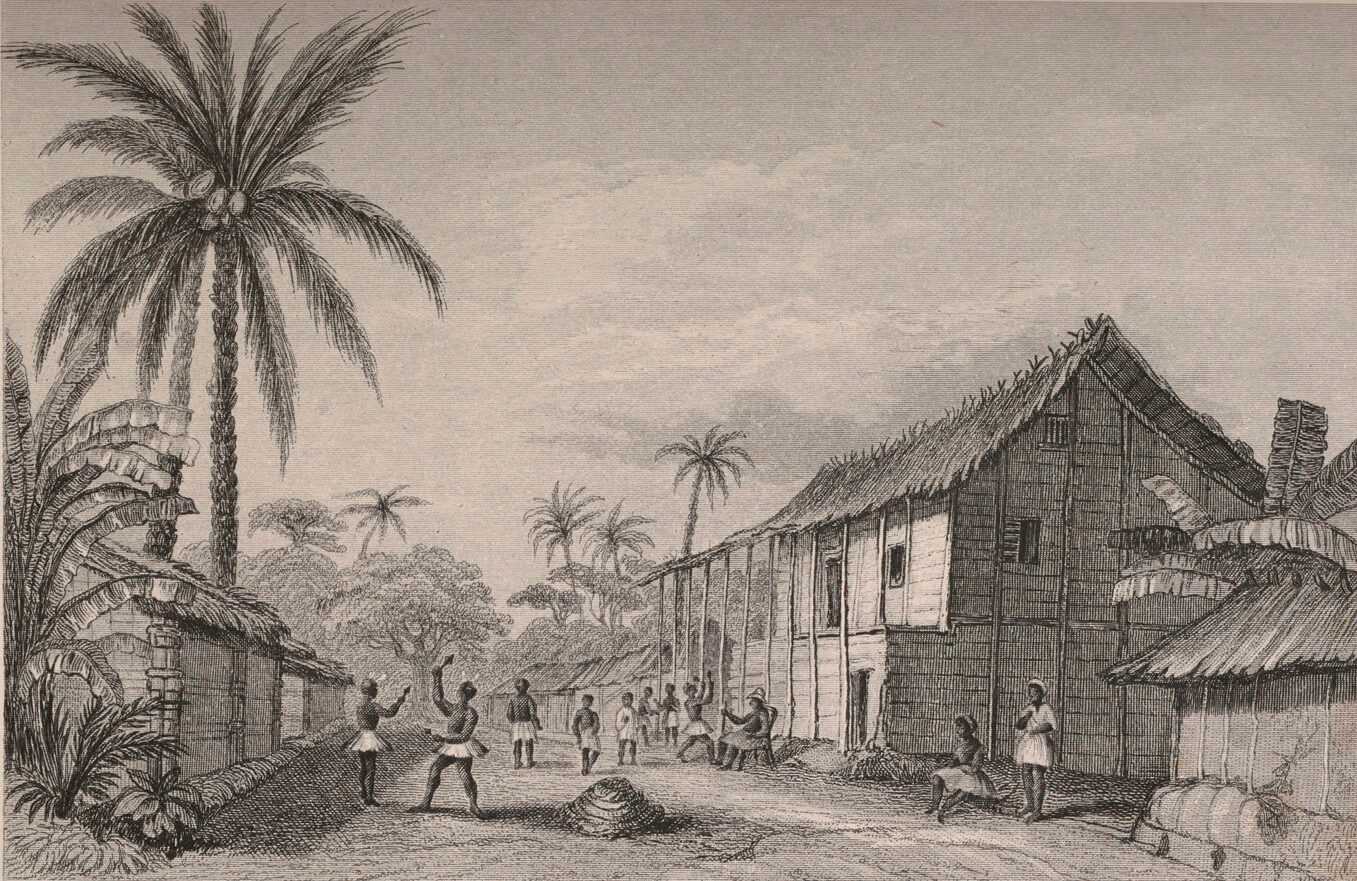 A sketch drawing of Biafra. People are in the main path. Buildings and palm trees line the path.